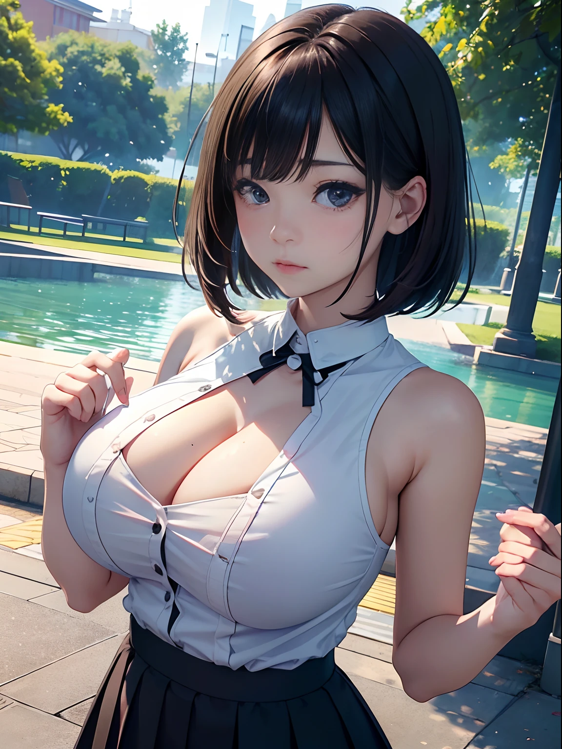 A  girl、(​masterpiece:1.4)、(in 8K、realisitic、Raw photo、top-quality:1.4)、(Real Face:1.4)、(real looking skin:1.3)、超A high resolution、A hyper-realistic、Eyes in Beautiful Details、Brown bob cut、Black clothe、off shoulders、no-bra、pleatedskirt、(huge-breasted:1.5)、gargantilha、Blushing、Embarrassed look、alluring face、a park、to stand