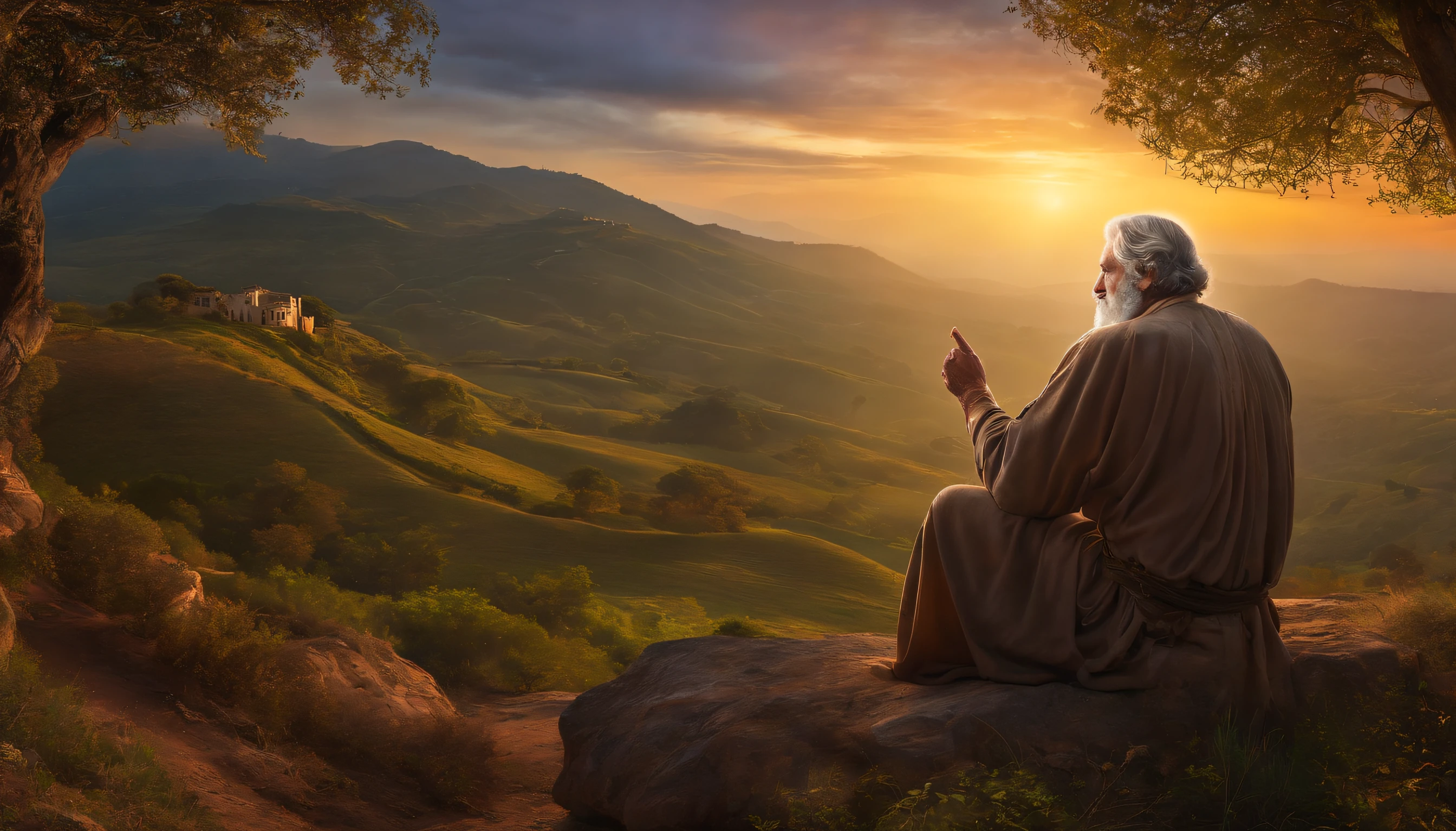 Descreva uma cena em que Jesus esteja, Sentado olhando a paisagem que deus criou com um computador, criando o mundo no fundo da imagem, With a bearded old man with features of God touching Jesus' shoulder and pointing to where they are looking