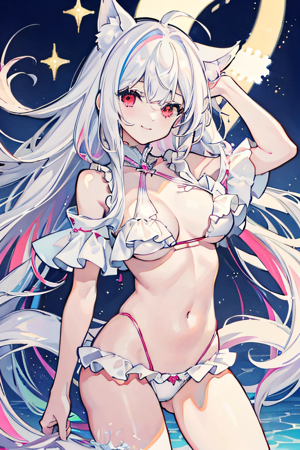 Cute as a dream、a pale、masterpiece、top-quality、top-quality、watercolor paiting(Curly)、official art、Beautifully Aesthetic:1.2)、(a beauty girl:1.3)、patterns、(White hair, ((long hair)), colourful hair:1.2)、sparkles、colourfull,kawaii、pastels,Rainbows, (1 girl solo), pastel color,Fox ears and tail, lots of accessories, red eyes,undressed,young girl,woman,long hair,smiling,in bikini,breastsout,white bikini with ruffles,warrior,happy,thighs,black bikini