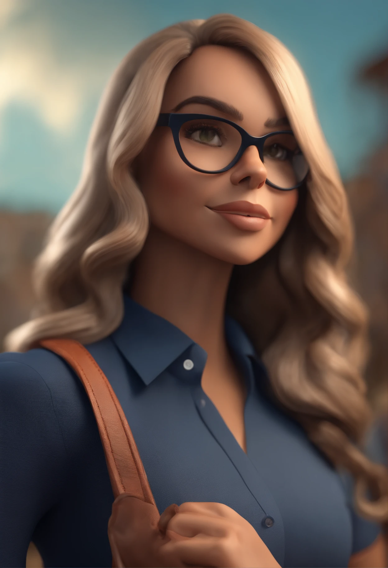 Cartoon character of a woman wearing black glasses and a blue shirt, um personagem animado, Caractere estilizado, animation style rendering, 3D estilizado, Arnold Maya render, 3 d render stylized, toon render keyshot, Personagem 3D, Personagem 3D, 3d rendering stylized, 3 d character render, personagem de desenho animado, Personagem de close up, Pose de personagem, (Estilo Pixar) (master part:1.2) (Bokeh) (best quality) (pele detalhada) (textura detalhada) (8k) (argila) (Cinematic lighting) (foco nítido,Senta e vaza a parte superior do corpo