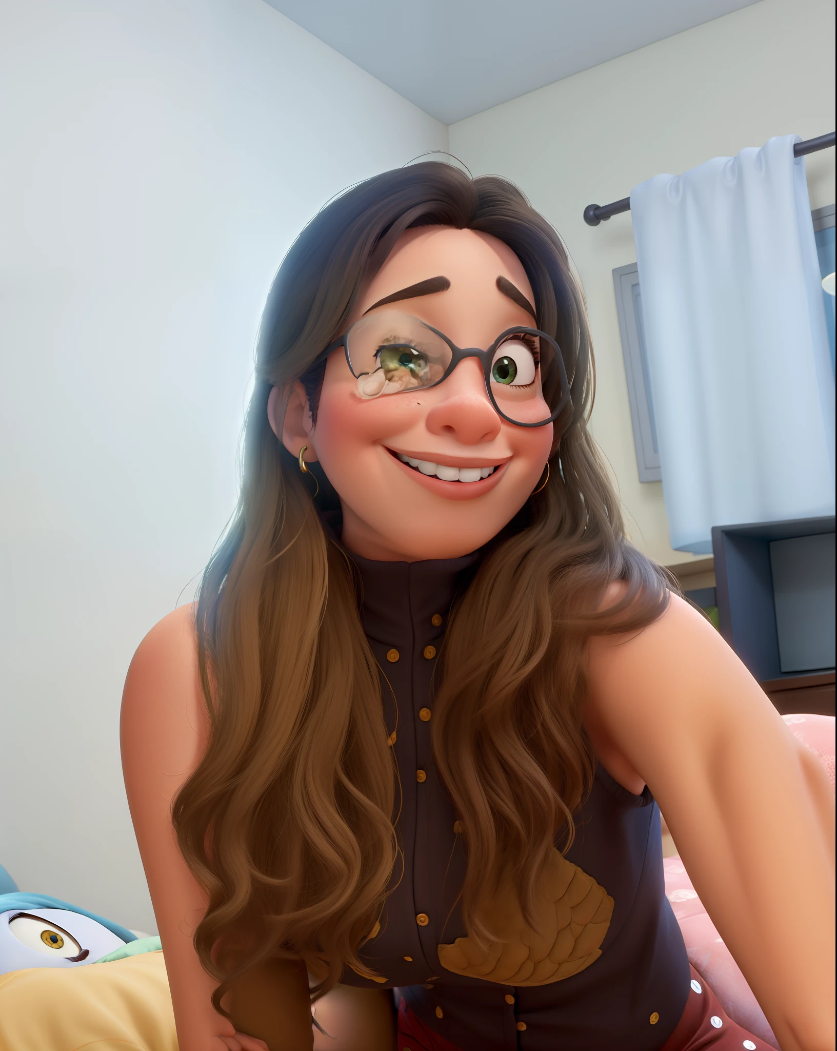 Mulher estilo disney pixar sentada em uma cama, melhor qualidade