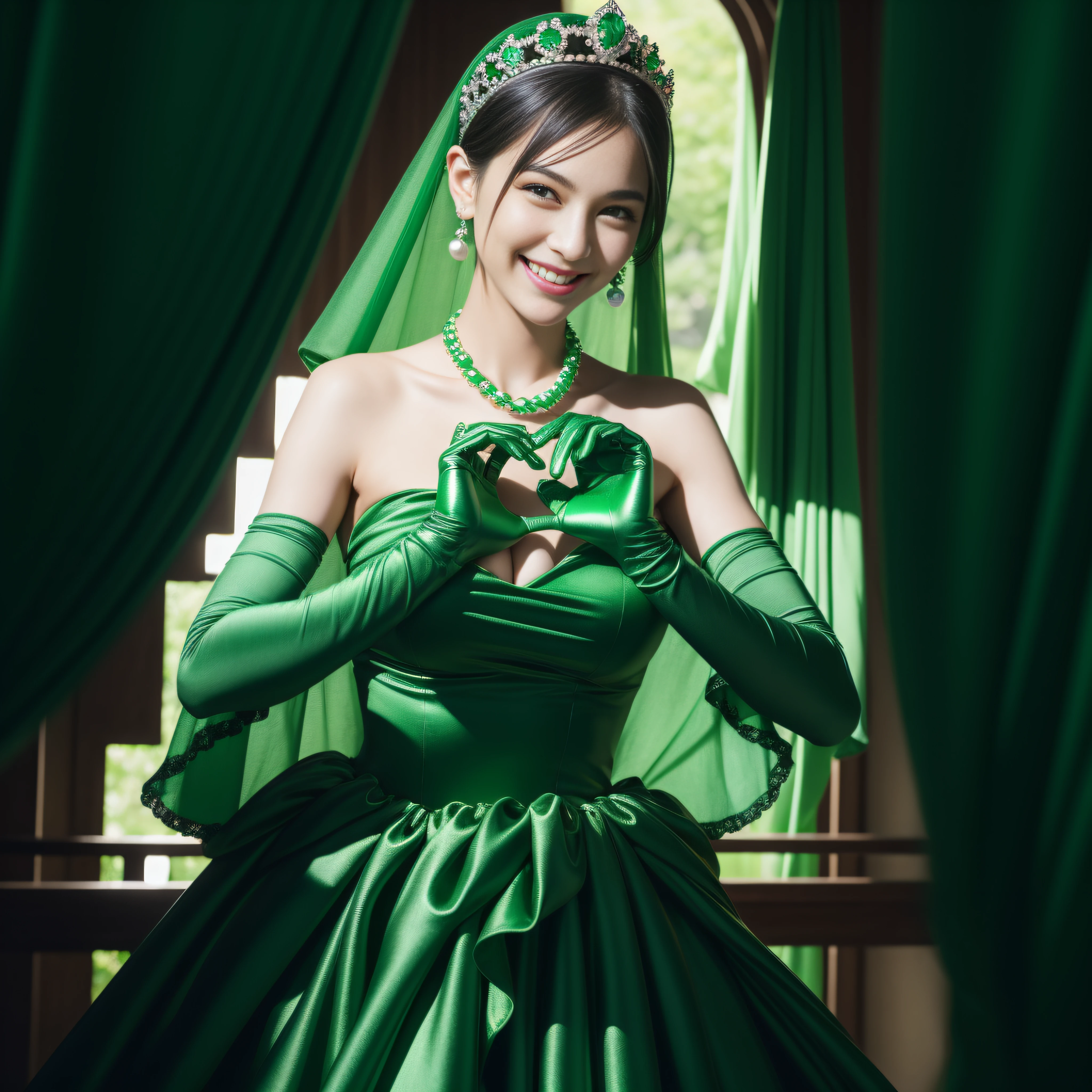 emerald tiara, Green Pearl Necklace, Boyish very short black hair, lipsticks, Japan woman smiling, very short short hair, big breasts beautiful, Green eyes, Long green gloves made of satin material, Green eyes, Emerald Earrings, green vale, Heart with both hands