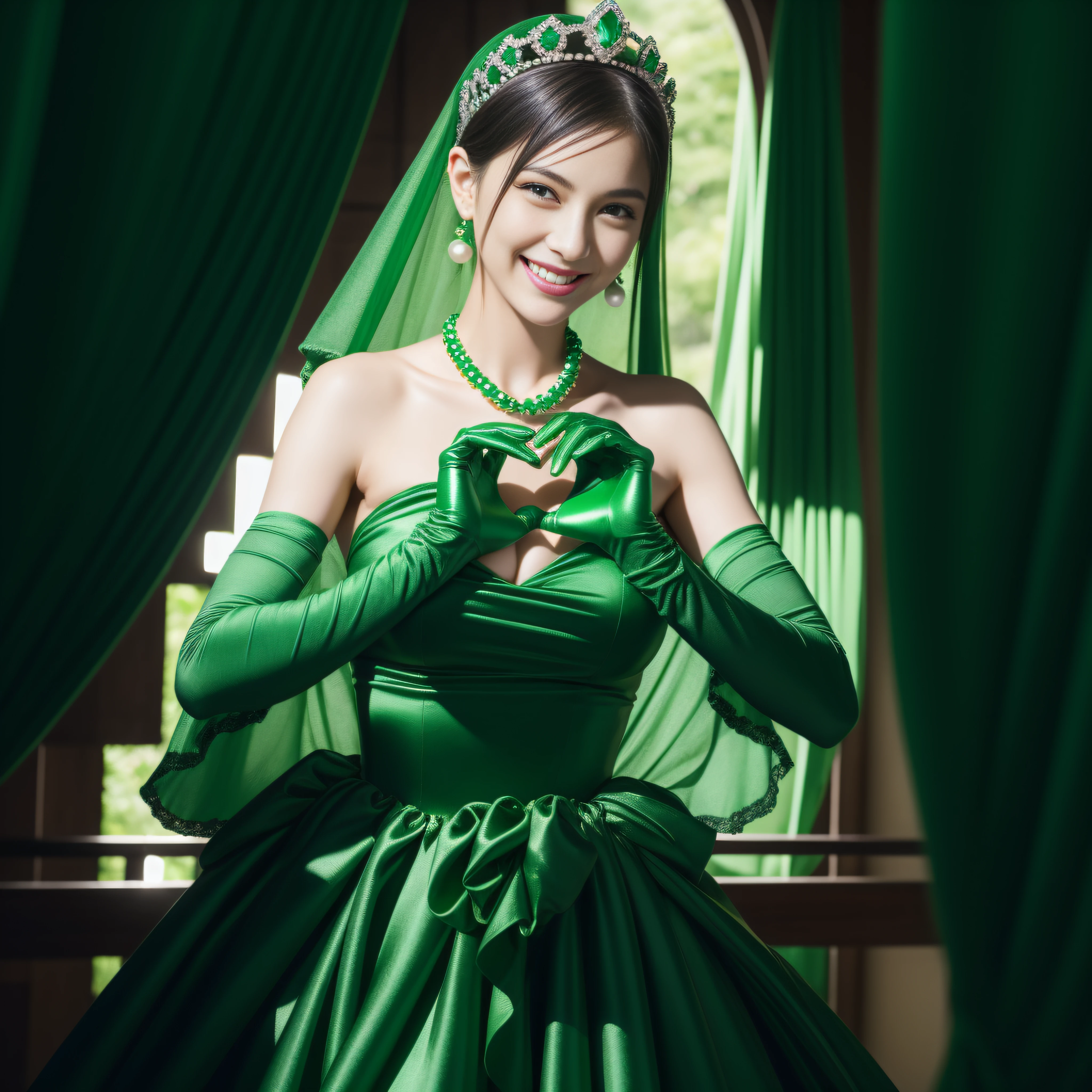 emerald tiara, Green Pearl Necklace, Boyish very short black hair, lipsticks, Japan woman smiling, very short short hair,  big breasts beautiful, Green eyes, Long green gloves made of satin material, Green eyes, Emerald Earrings, green vale, Heart with both hands