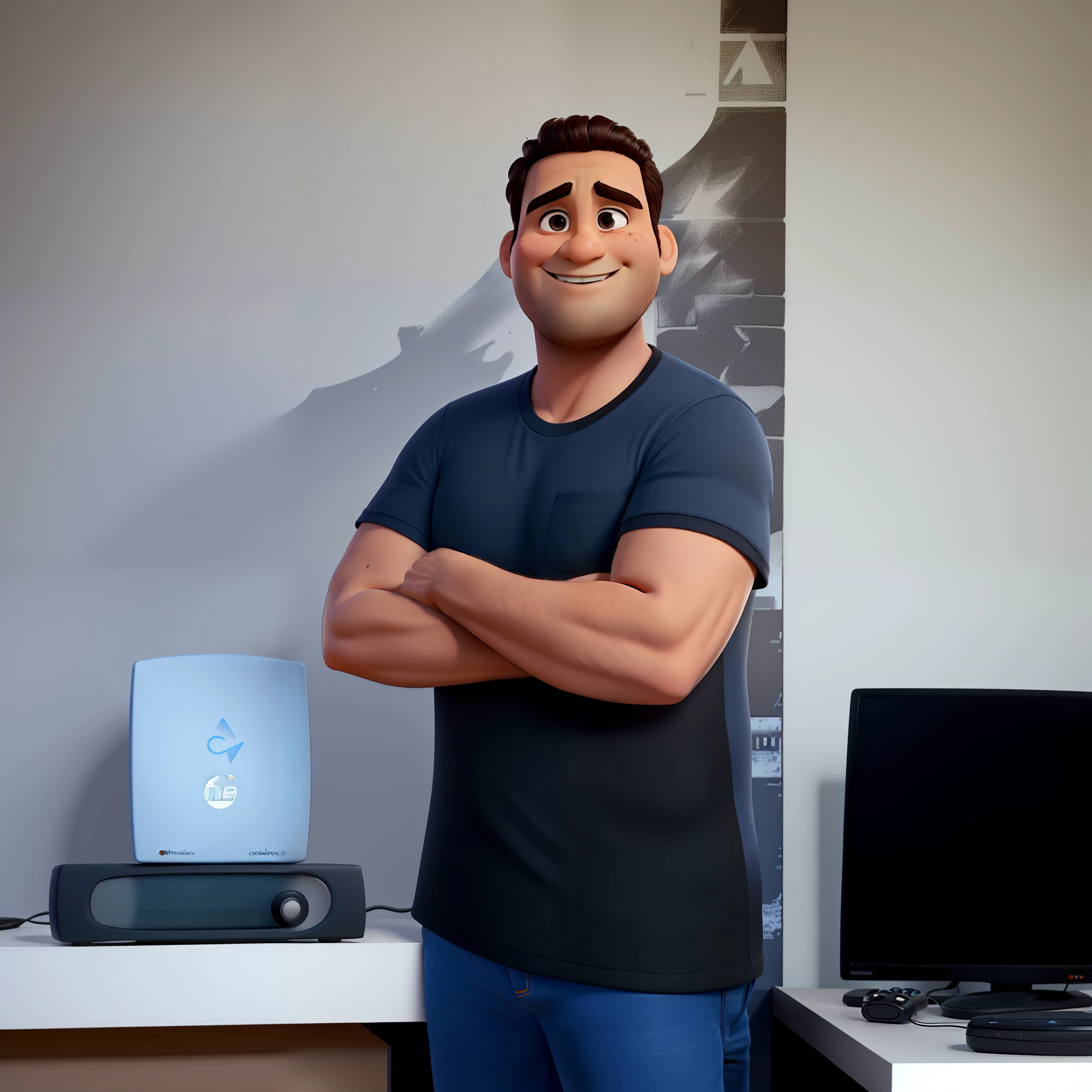 Um homem gordo de olhos puxados, cabelo preto arrepiado, estilo disney pixar, In his radio studio