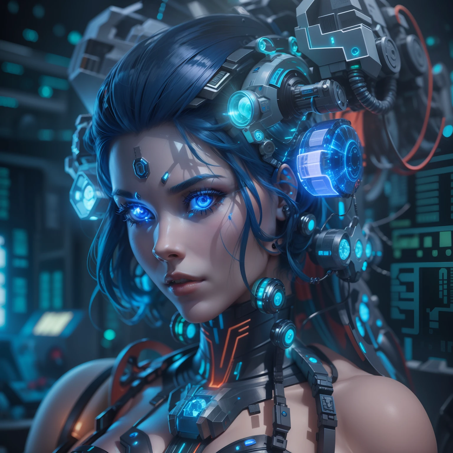 Cyborg woman lush blue hair and voluptuous crystal mold that reveals her interior, brain with LED, packed with motors, relays. Green LED circuits and indicator lights, blue and red. F