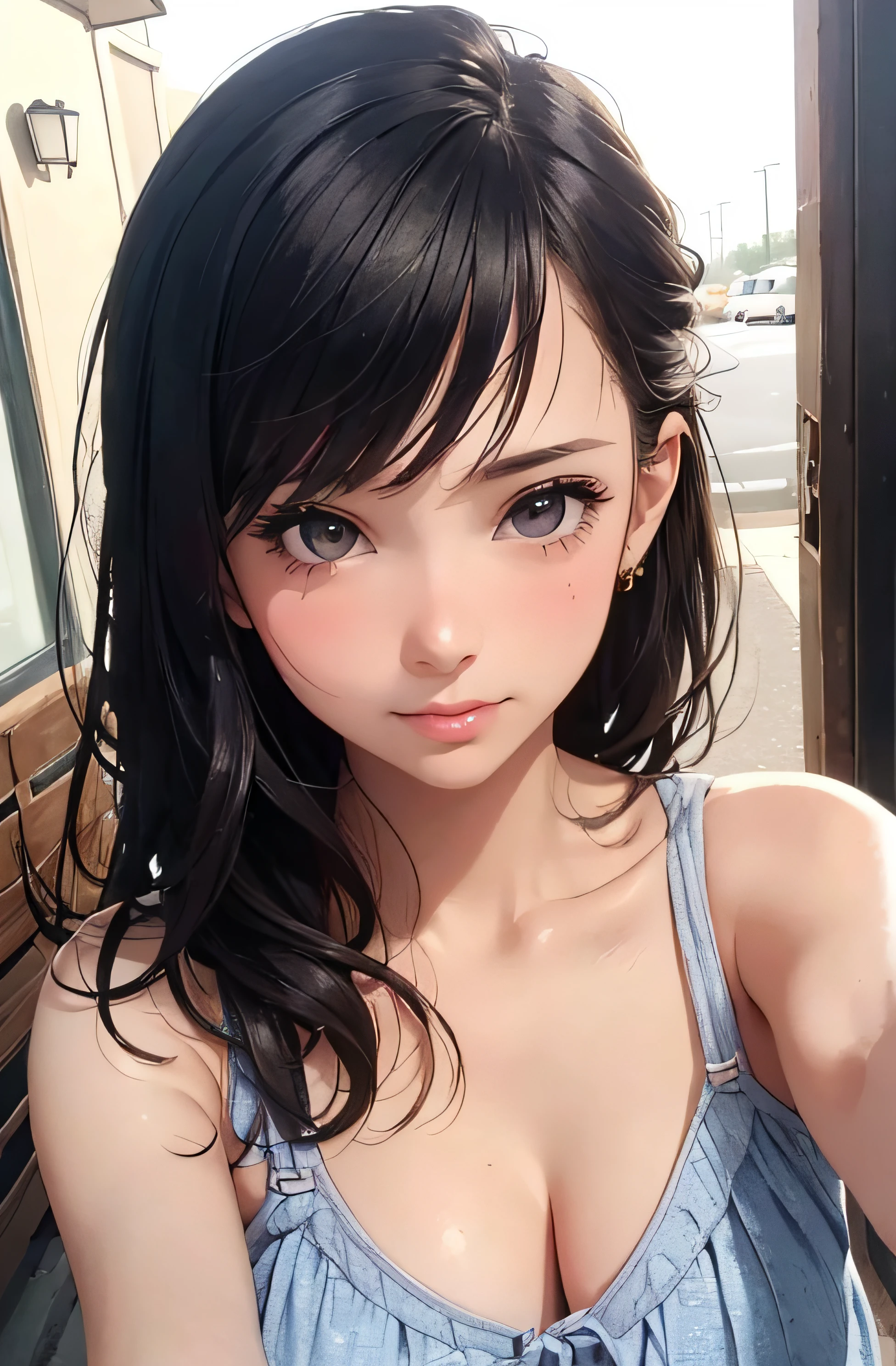 girl in summer clothes, top shot,((selfie)), random background, kiss, beautiful, medium breasts, flirtatious look, ((very detailed)), (perfectly detailed face), (well detailed hand), photorealistic image.