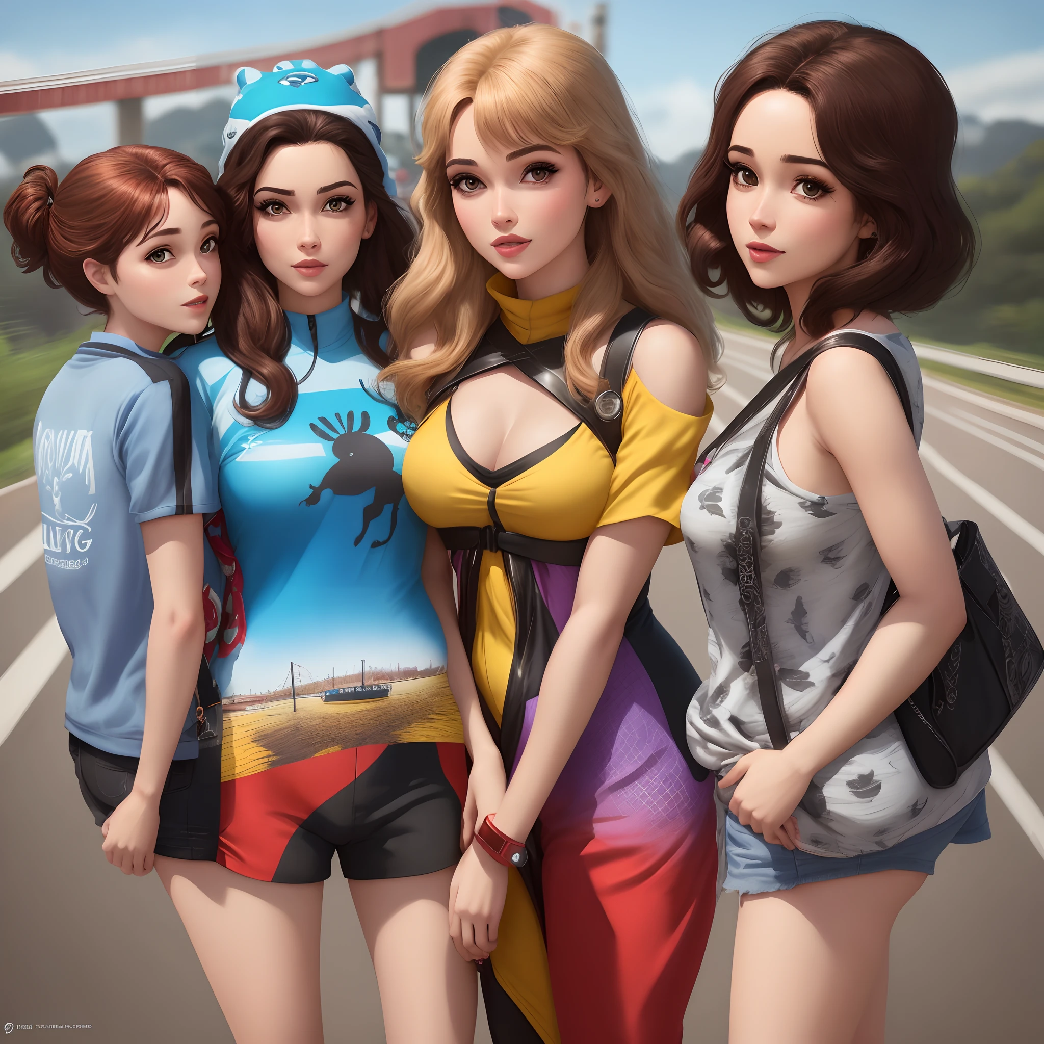 Create a stylish image or poster "disney pixar" de uma mulher baixinha com cerca de 1,60m de altura, pele bronzeada, olhos castanhos, cabelos castanhos com poucas mechas loiras, magra, vestindo roupa social e dirige um sedan preto em alta velocidade na freeway