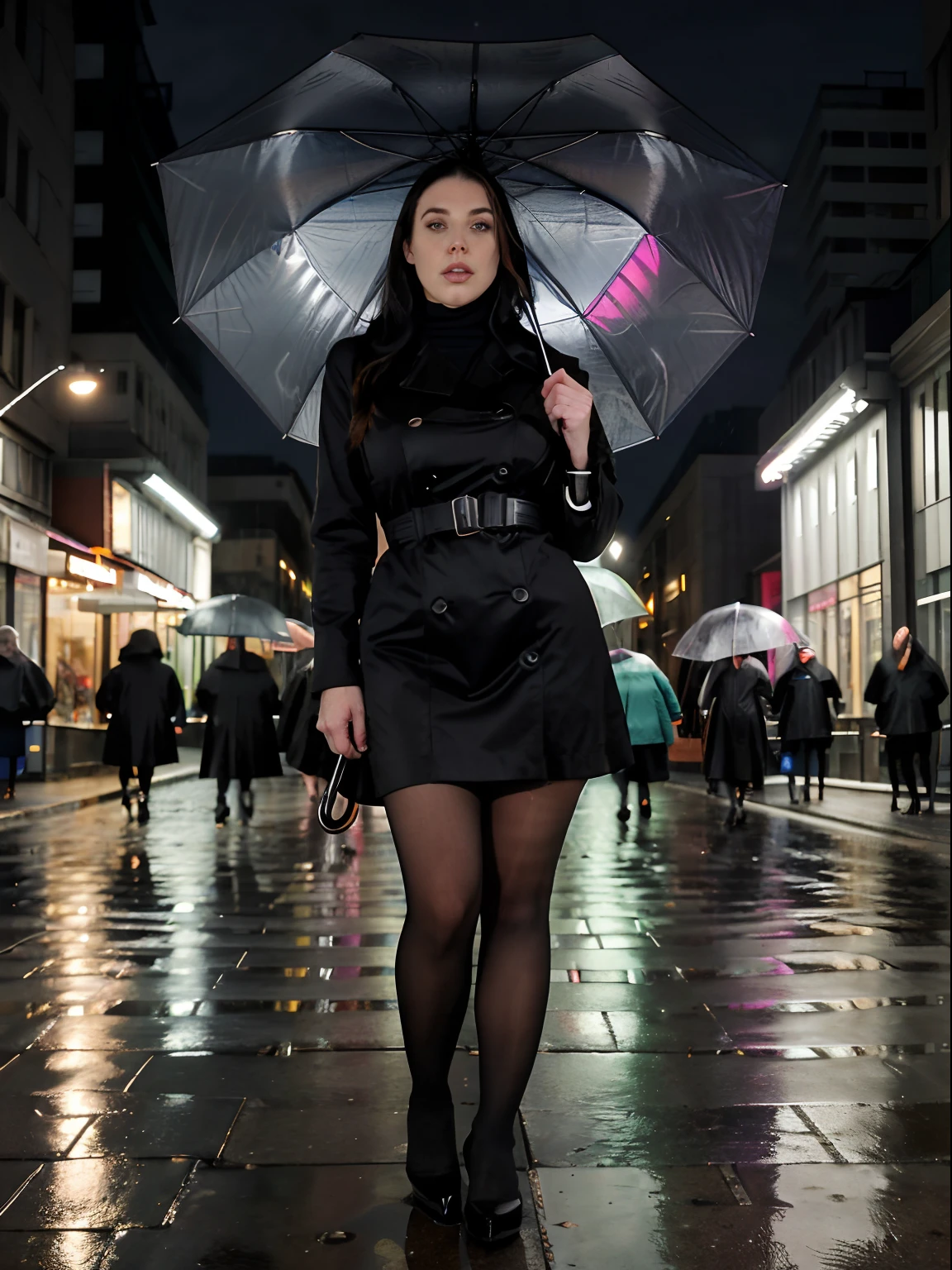 Ultra realistic photo of Angela White l ((01 character)) (25 years old) ((full body)) ((full shot)) | wearing a long coat, dress, black tights, holding an ((umbrella)) | on a rainy day (holding umbrella) | in a big city (Building, sidewalk, Shops, sidewalk, City lights) | artificial light, dense shadows, dark colors, filmic grain, high contrast ((..RAW))