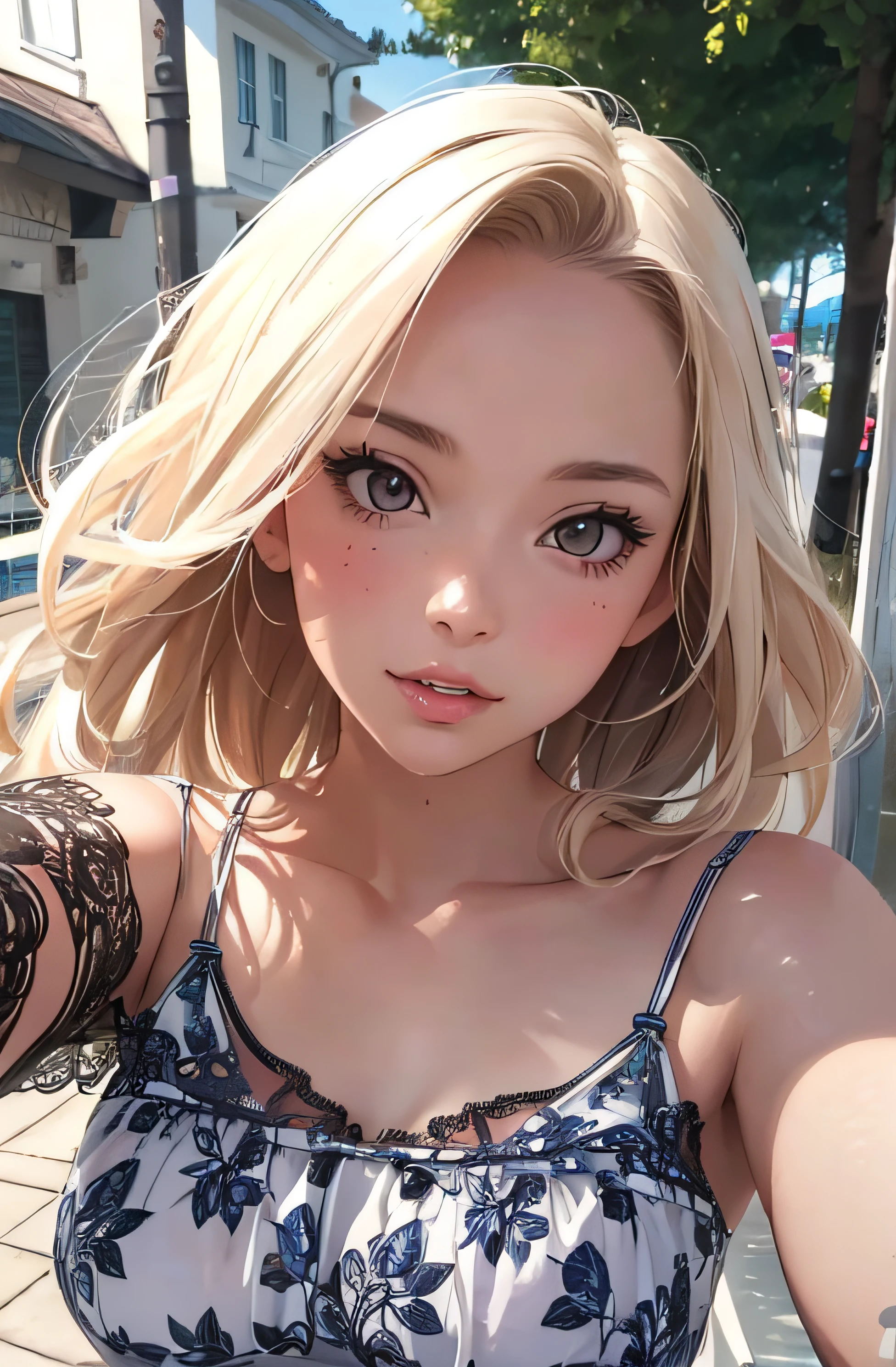 girl in summer clothes, ((selfie)), random background, kiss, beautiful, medium breasts, flirtatious look, ((very detailed)), (perfectly detailed face), (well detailed hand), (well detailed hand), (well detailed hand), (well detailed hand), (well detailed hand), (well detailed hand), (well detailed hand), photorealistic image.