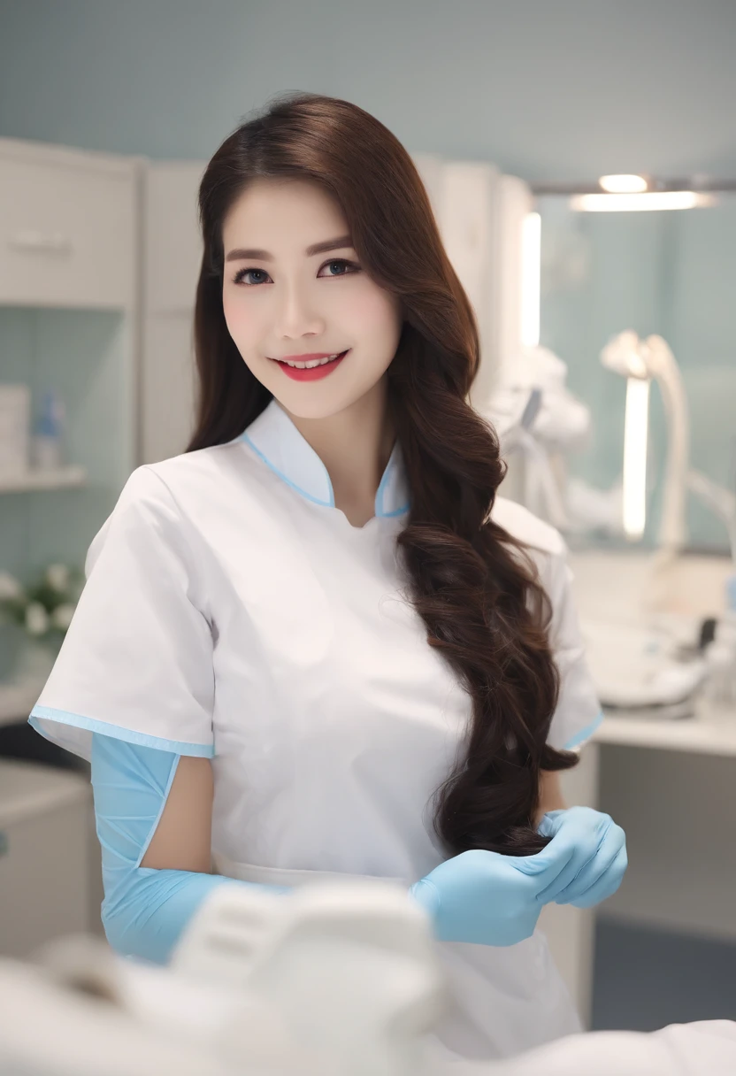 femele, Black hair、poneyTail、Dental Hygienist,dentist, ((light blu、Collared nurseswear、puff sleeves、No ribbon、No exposure、shortsleeves、Rubber material))、((Long length、Apron dress with flowers all over、Rubber material)), ((long gloves in white、Rubber material)) Eyes are purple, ((maior、surgical mask、Rubber material、Cover up to the nose)) ((Background of the dental treatment room)), Plump woman、With keen eyes, 28 year old, Best Quality, masutepiece、Dental Clinic Theme、Holding a dental mirror in your hand,dominant、sadistic、