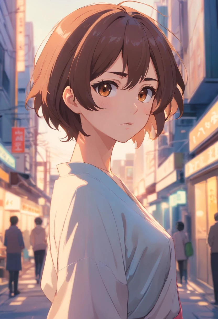 Mujer con corto, brown wavy hair, tez blanca, delgada, brown eyes, cejas arqueadas, small breasts, trasero grande, small waist.Jujutsu Kaisen