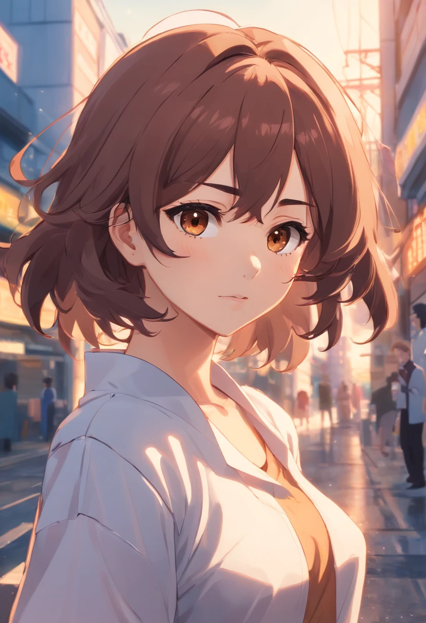 Mujer con corto, brown wavy hair, tez blanca, delgada, brown eyes, cejas arqueadas, small breasts, trasero grande, small waist.Jujutsu Kaisen