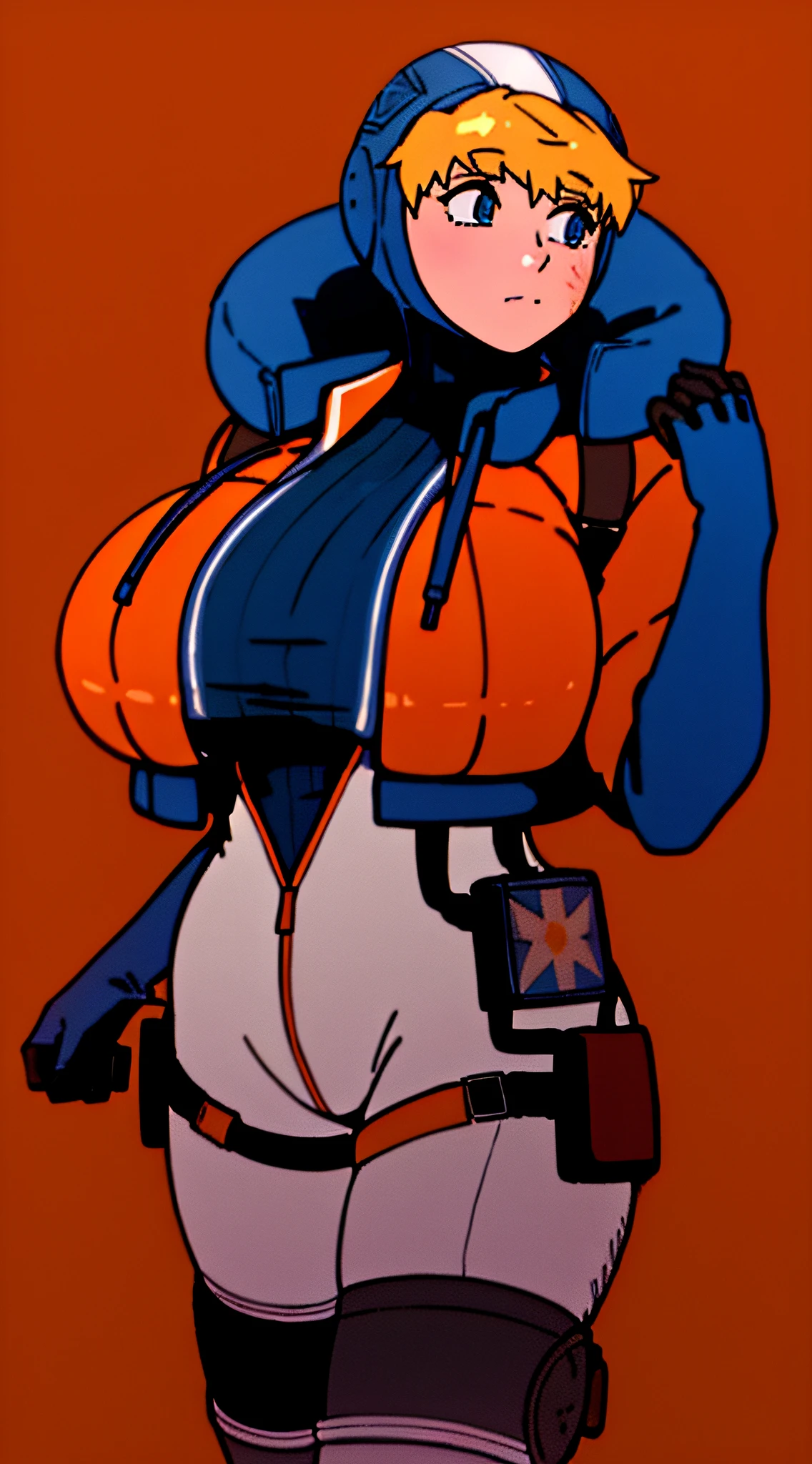 wattson (apex legends), masterpiece, best quality, 1girl, solo, hooded bodysuit, bodysuit, white bodysuit, hood, scar, jacket, scar on face, scar on cheek, orange jacket, bangs, gloves, blonde hair, blue eyes, knee pads, hooded jacket, blue gloves, ribbed bodysuit, blue bodysuit, thigh strap, burn scar, looking at self breasts, cable, open hands, standing , blue headwear, looking amazed, cowboy shot, big breasts, very big breasts, thick, very thick, big hips, very big hips