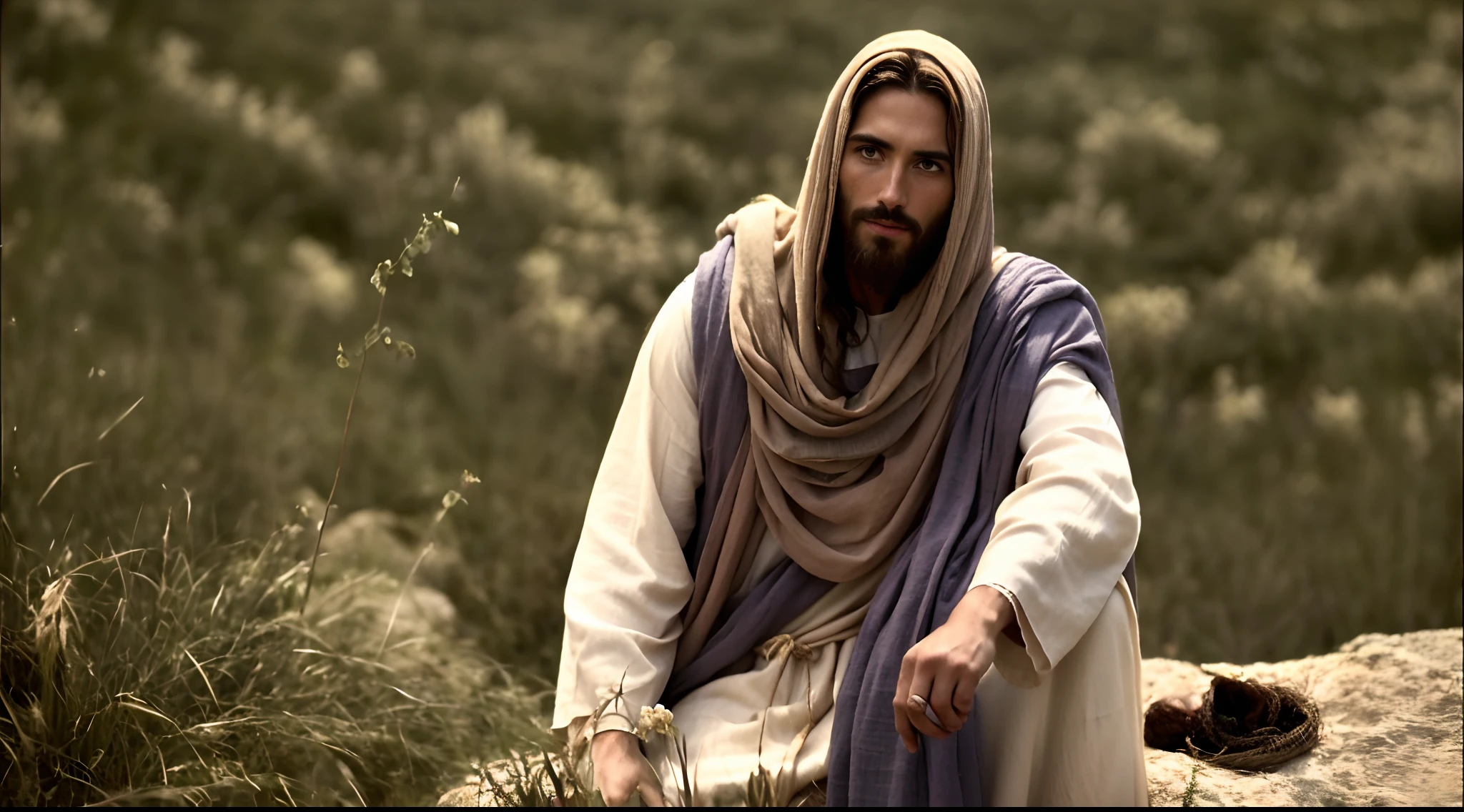 Modern Portrait of Jesus Tells Parables, cinematic lighthing, profundidade de campo, Bokeh, Realismo, fotorrealista, hiper-realismo, fotografia profissional, UHD, DSLR, HDR