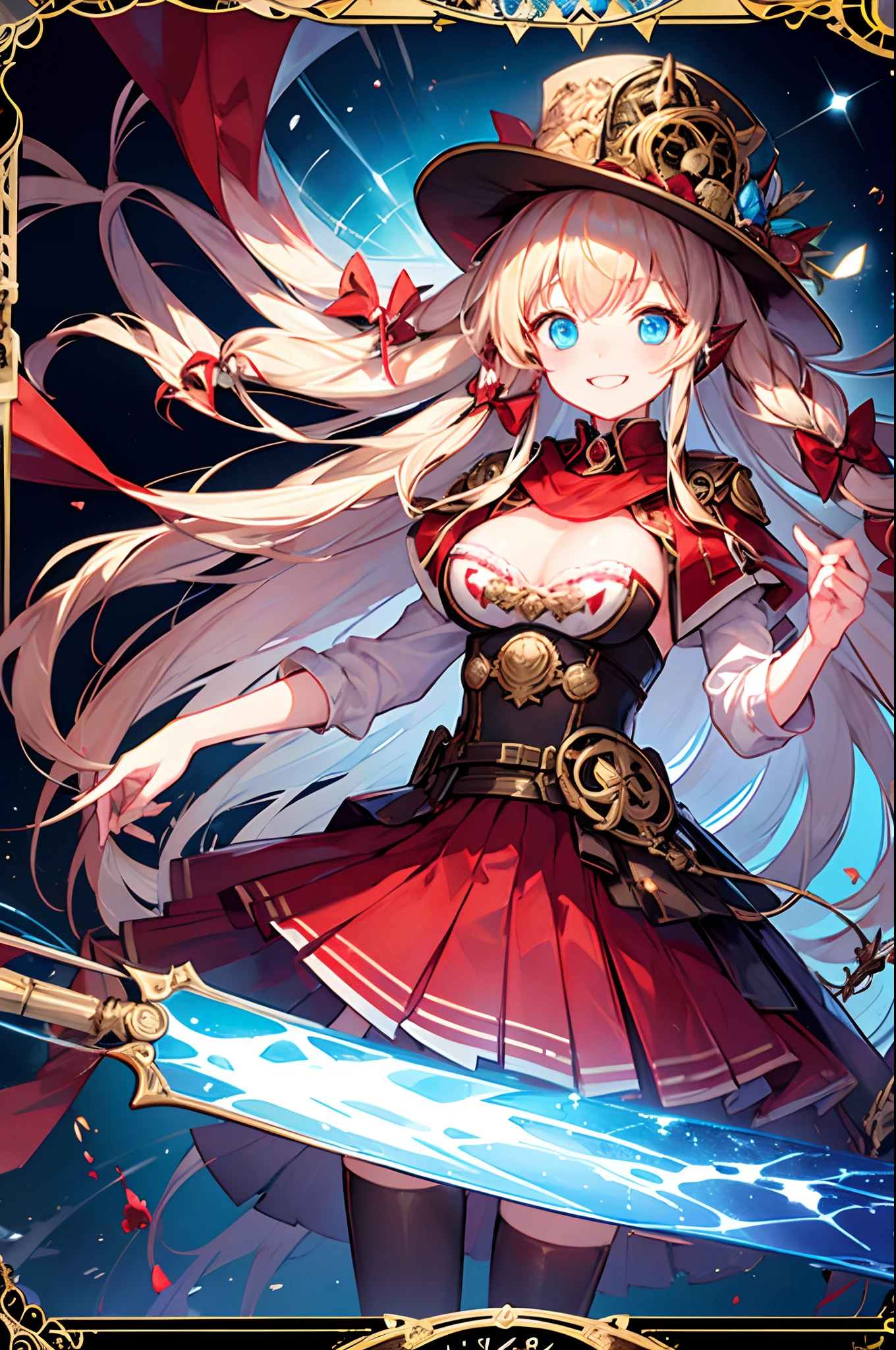 Yukka ende, masterpiece, best quality, 8k, ultra detailed, perfect lighting, Yukka uniform, red silk hat, shiny blue eyes, blonde hair, small red hair bows, cowboy shot, handling very large Thor’s hummer, smile, Framed like a tarot card