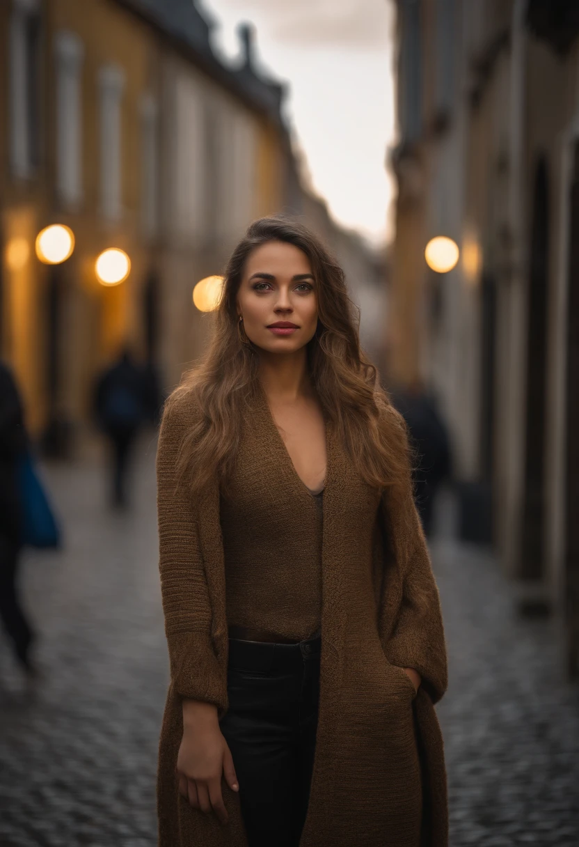 mulher europeu de 20 anos, com o olhar encantadora, ultra realistic HD UHD 8k, corpo de modelo, rosto angelical, meticulosamente detalhado, cabelos pretos e olhos grandes, corpo inteiro, A young woman in walking at night in the red district Amsterdam and quiet in Europe landscape photo distance, Cold Sweater, sem maquiagem, maquiagem natural, looking directly at the Nikon Z7 II Mirrorless camera,120mm F/4 grande angular melhor qualidade, Rosto com ArtGram, maquiagem sutil, Impressionante tiro de corpo inteiro.