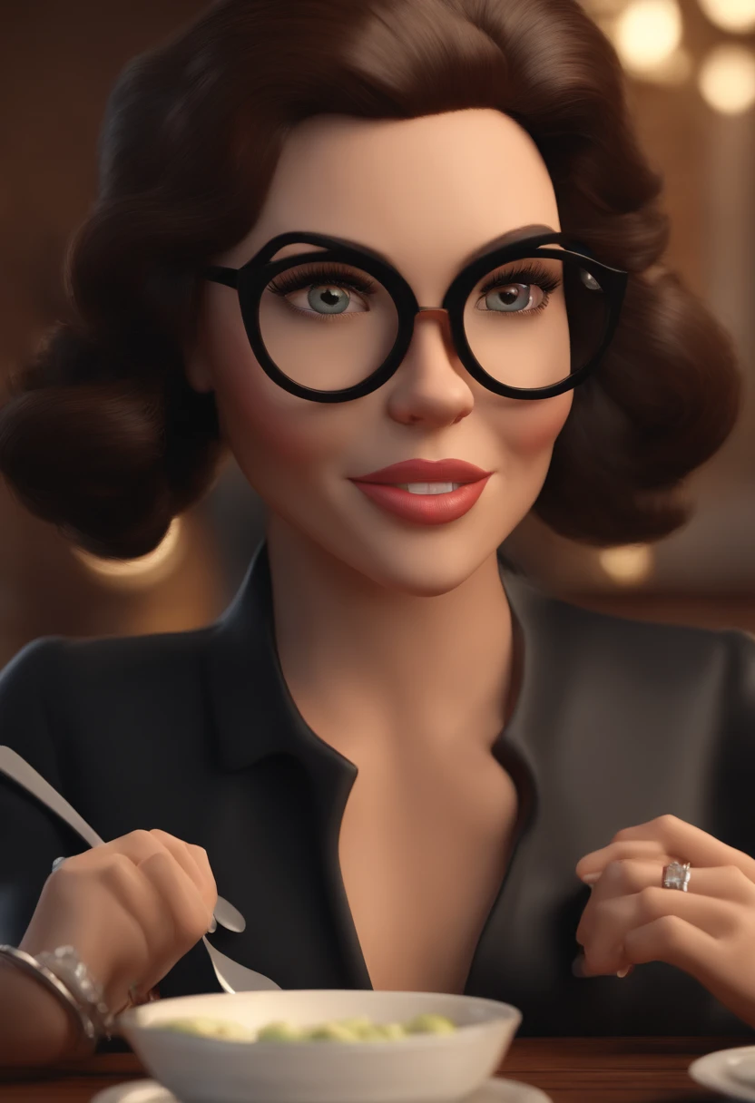 Cartoon character of a woman wearing black glasses ,cabelos castanho escuro grisalho, roupa de chefe de cozinha, personagem animado, Caractere estilizado, animation style rendering, 3D estilizado, Arnold Maya render, 3 d render stylized, toon render keyshot, Personagem 3D, Personagem 3D, 3d rendering stylized, 3 d character render, personagem de desenho animado, Personagem de close up, Pose de personagem, (Estilo Pixar) (master part:1.2) (Bokeh) (best quality) (pele detalhada) (textura detalhada) (8k) (argila) (Cinematic lighting) (foco nítido，Senta e vaza a parte superior do corpo