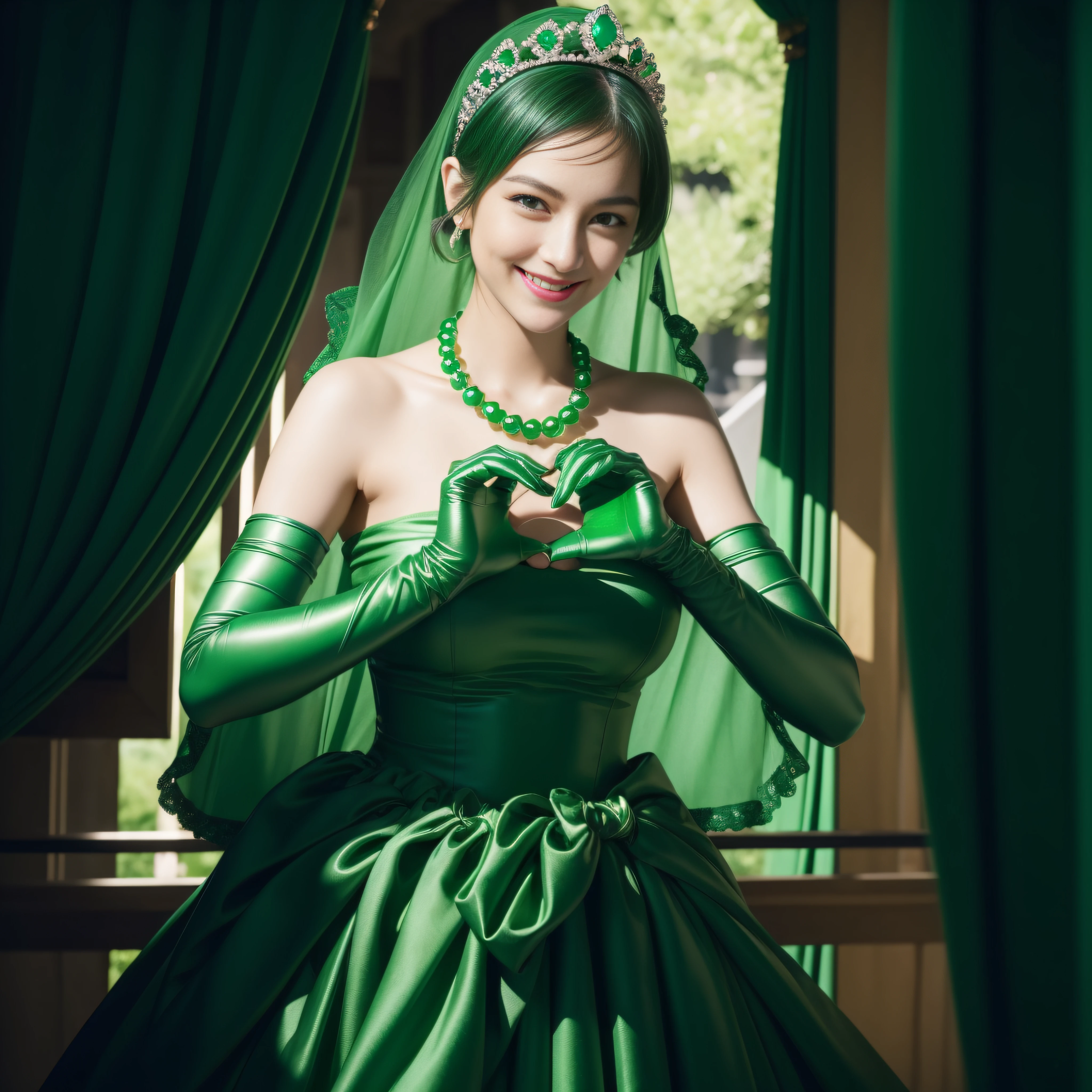 emerald tiara, Green Pearl Necklace, Boyish very short black hair, lipsticks, Japan woman smiling, very short short hair, big breasts beautiful, Green eyes, Long green gloves made of satin material, Green eyes, Emerald Earrings, green vale, Heart with both hands