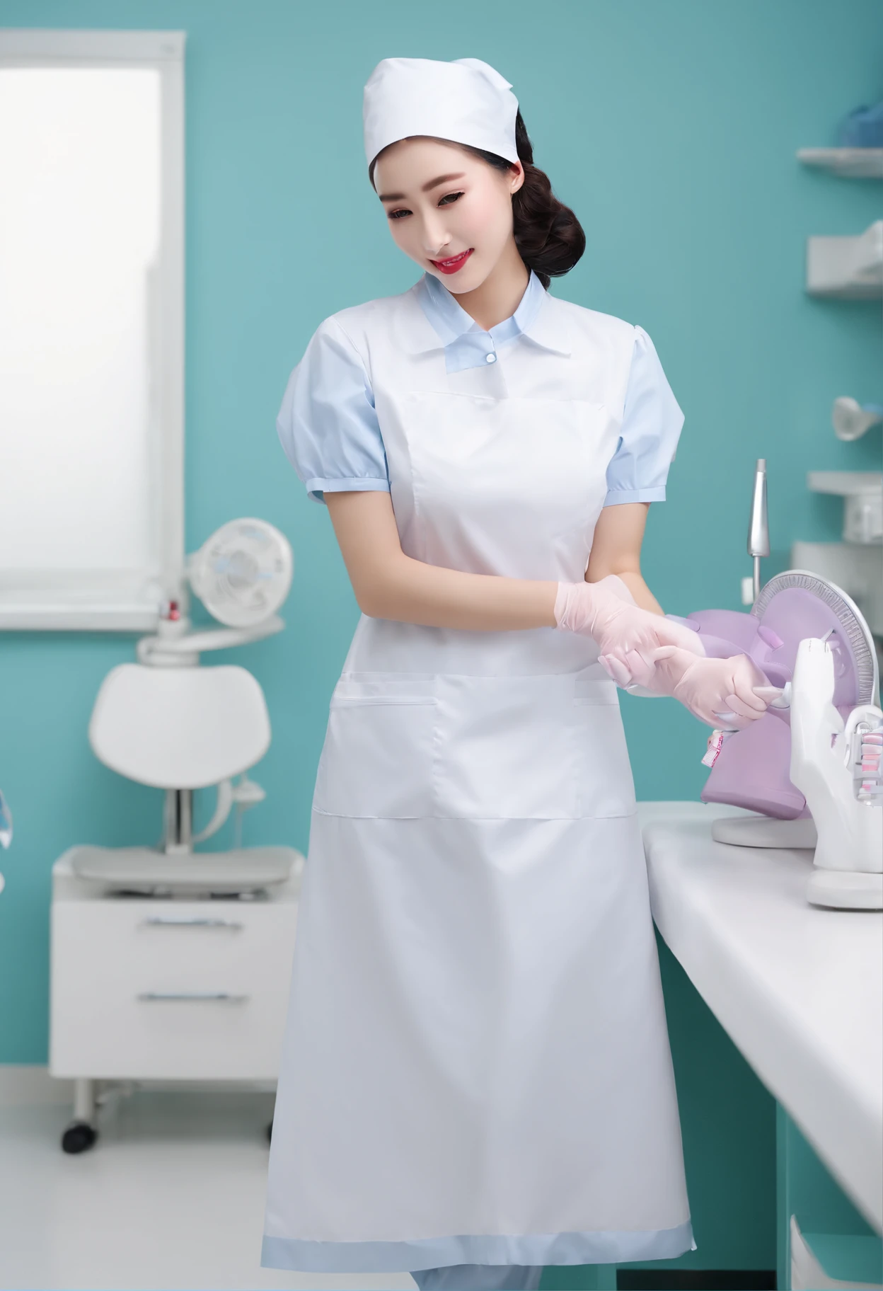 femele, Black hair、poneyTail、Dental Hygienist,dentist, ((light blu、Collared nurseswear、puff sleeves、No ribbon、No exposure、shortsleeves、Rubber material))、((Long length、Apron dress with flowers all over、Rubber material)), ((long gloves in white、Rubber material)) Eyes are purple, ((maior、surgical mask、Rubber material、Cover up to the nose)) ((Background of the dental treatment room)), Plump woman、With keen eyes, 28 year old, Best Quality, masutepiece、Dental Clinic Theme、Holding a dental mirror in your hand,dominant、sadistic、