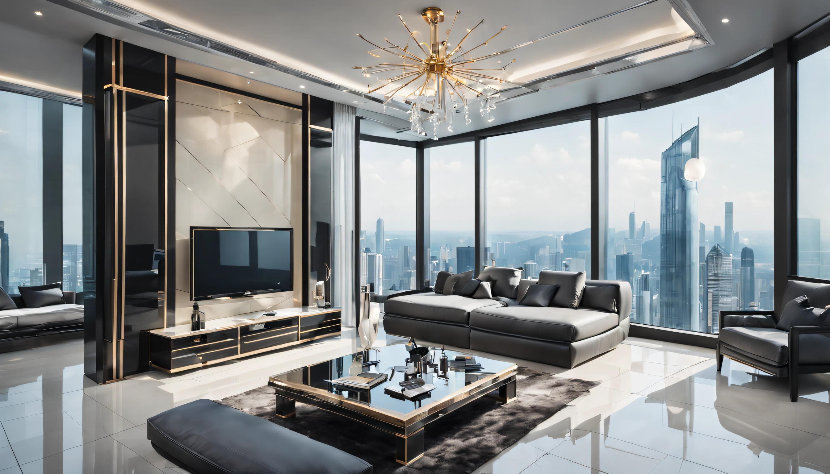 luxury room on skyscraper, glass wall with skyscrapers, luxury living room