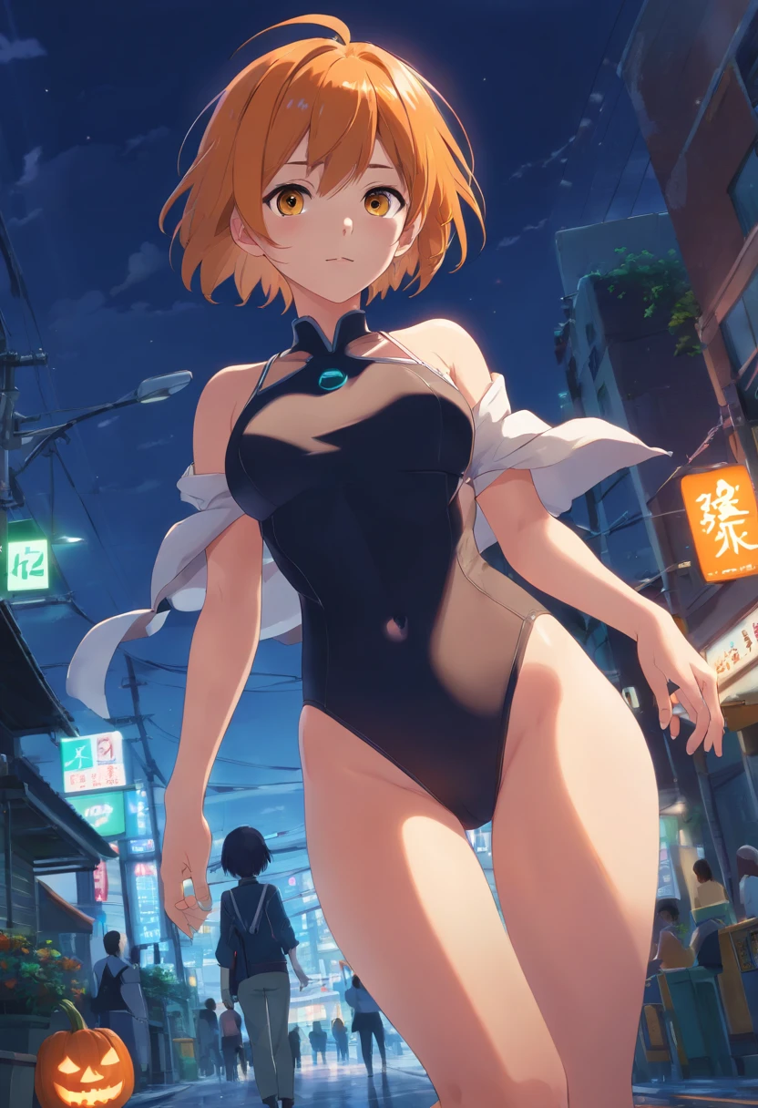 (best quality,4k,8k,highres,masterpiece:1.2),ultra-detailed,(realistic,photorealistic,photo-realistic:1.37),illustration,curvy female figure,orange hair,big breasts,big buttocks,full-body black bodysuit,yellow eyes,thick thighs,short bob haircut,wide hips,vibrant colors,dimmed lighting、HALOWEEN