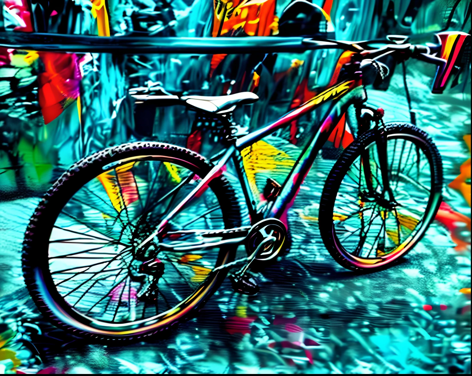 Bicicleta com outra cor ,preto muito brilhante,fundo multi colorido estilo Eduardo kobra,grafitti ,anime,cartoon,512k