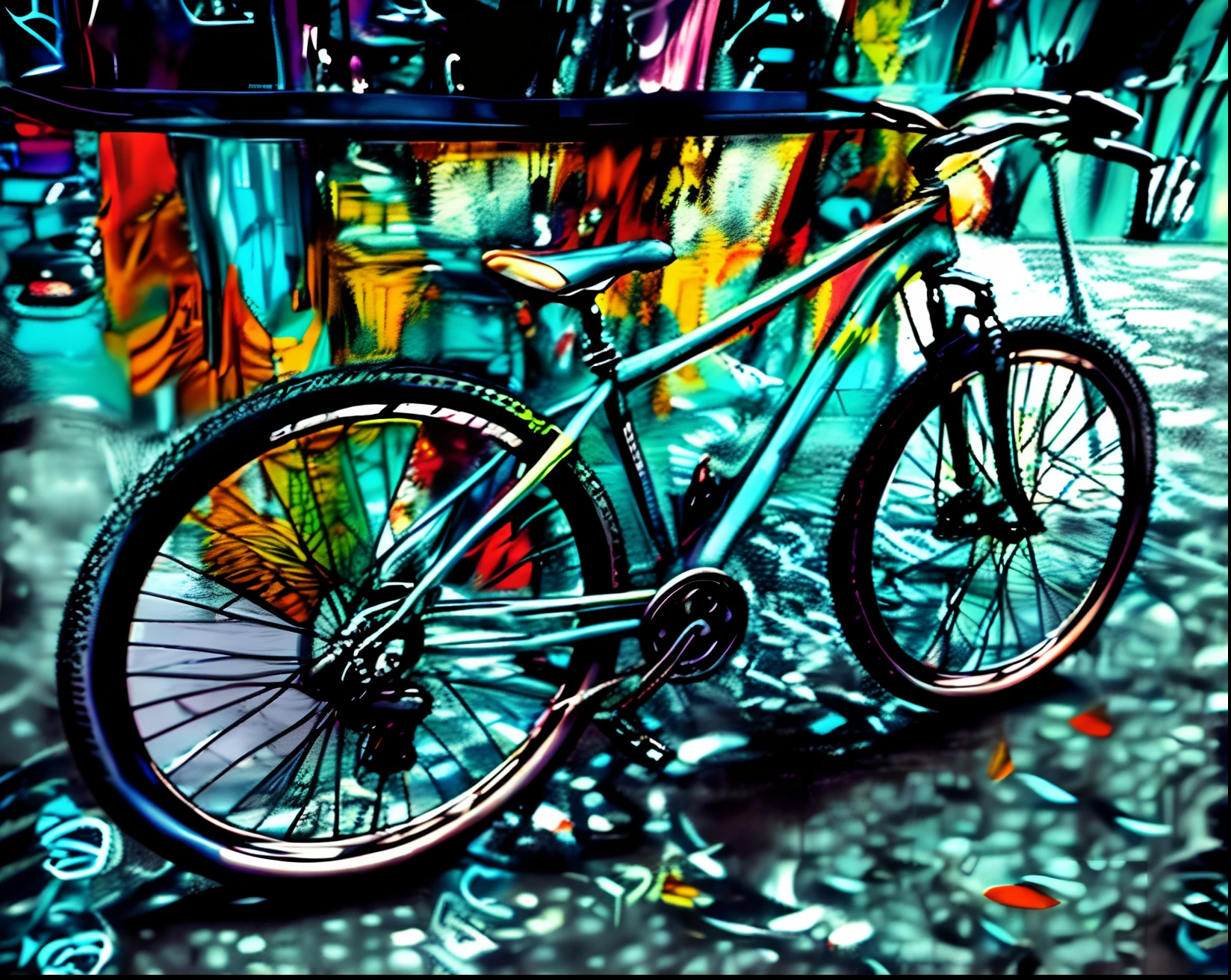 Bicicleta com outra cor ,preto muito brilhante,fundo multi colorido estilo Eduardo kobra,grafitti ,anime,cartoon,512k