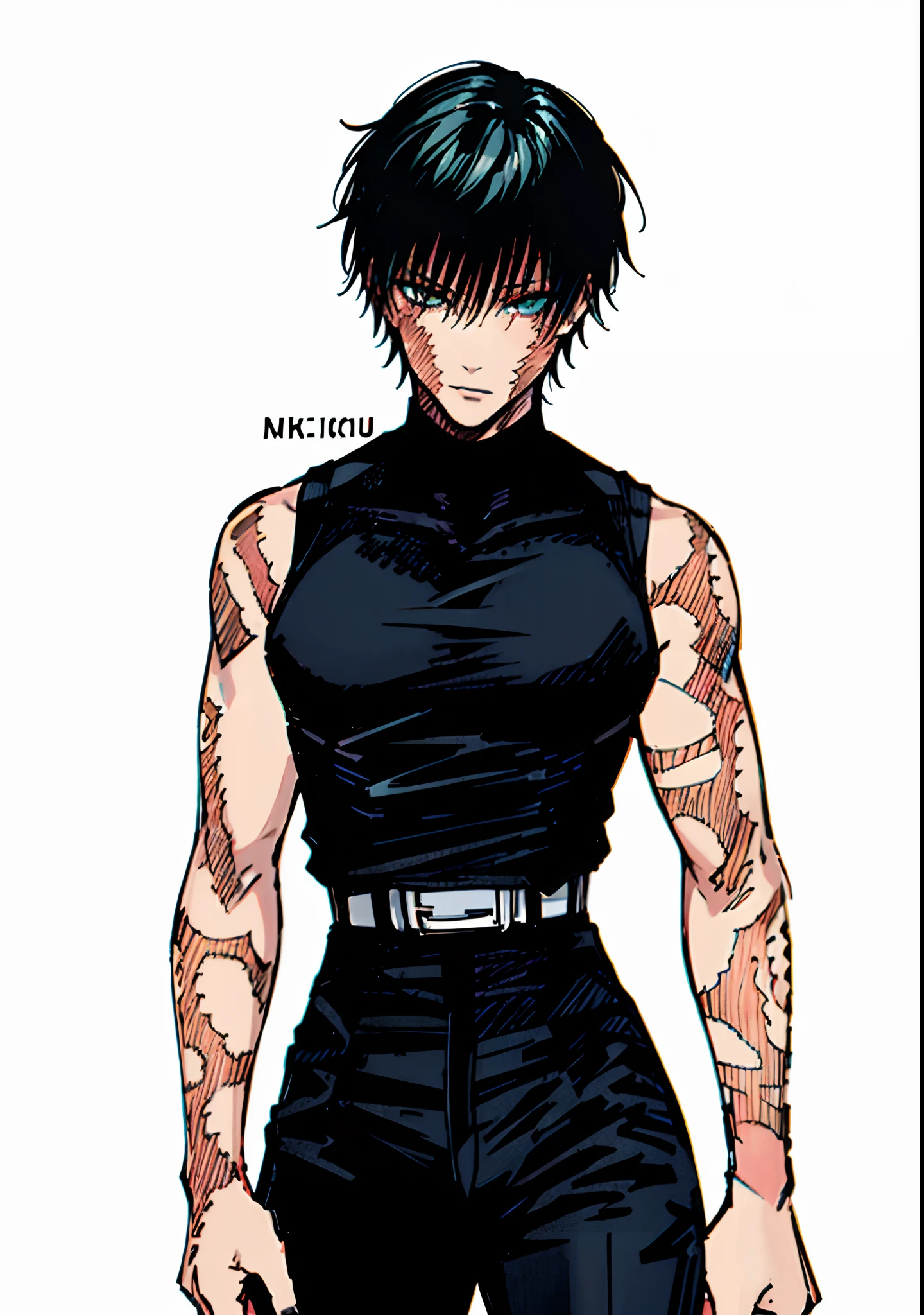 hiei, <lora:hiei-lora-nochekaiser:1>,
hiei, black hair, spiked hair, (red eyes:1.5), headband,
BREAK belt, pants, black pants, topless, tattoo, (dragon tattoo:1.2), arm tattoo, (black tattoo:1.2),
BREAK outdoors,
BREAK looking at viewer, (cowboy shot:1.5),
BREAK <lyco:GoodHands-beta2:1>, (masterpiece:1.2), best quality, high resolution, unity 8k wallpaper, (illustration:0.8), (beautiful detailed eyes:1.6), extremely detailed face, perfect lighting, extremely detailed CG, (perfect hands, perfect anatomy),