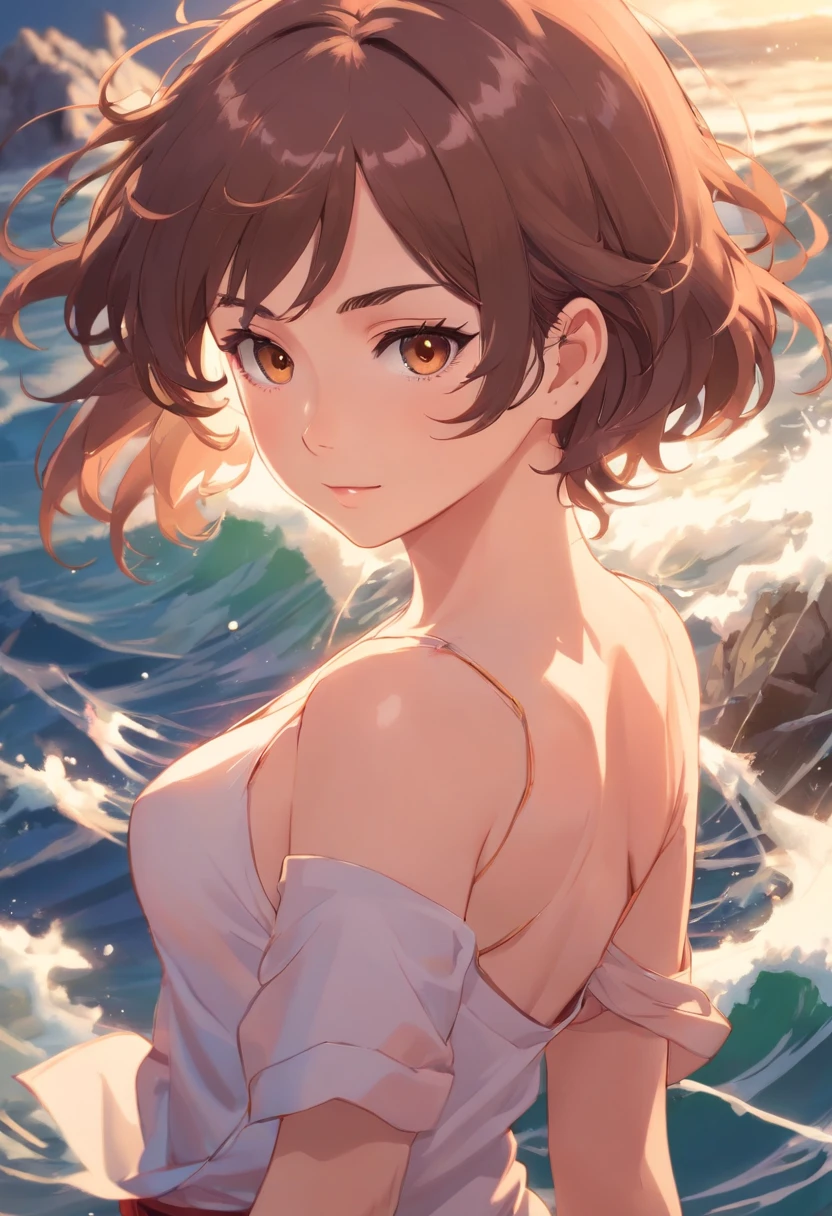 Mujer con corto, brown wavy hair, tez blanca, delgada, brown eyes, cejas arqueadas, small breasts, trasero grande, small waist, desnuda.Jujutsu Kaisen