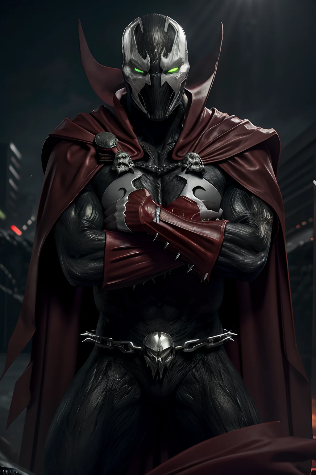 pixar style, closeup, focus on eyes, spawn2023, long red collar, red cowl, red cape, chains, skulls, glowing green eyes, textured suit, red gauntlets, spikes, dramatic lighting, 8k, muscular, uhd, best quality, award winning photo, rtx on, unreal engine 5, absurdres, long cape, large red boot, large gauntlet, flowing cape, asymmetrical red Armor,  mask, night, dramatic lighting, epic red cape, wide shoulders, spike shoulders, silver chain, cgi