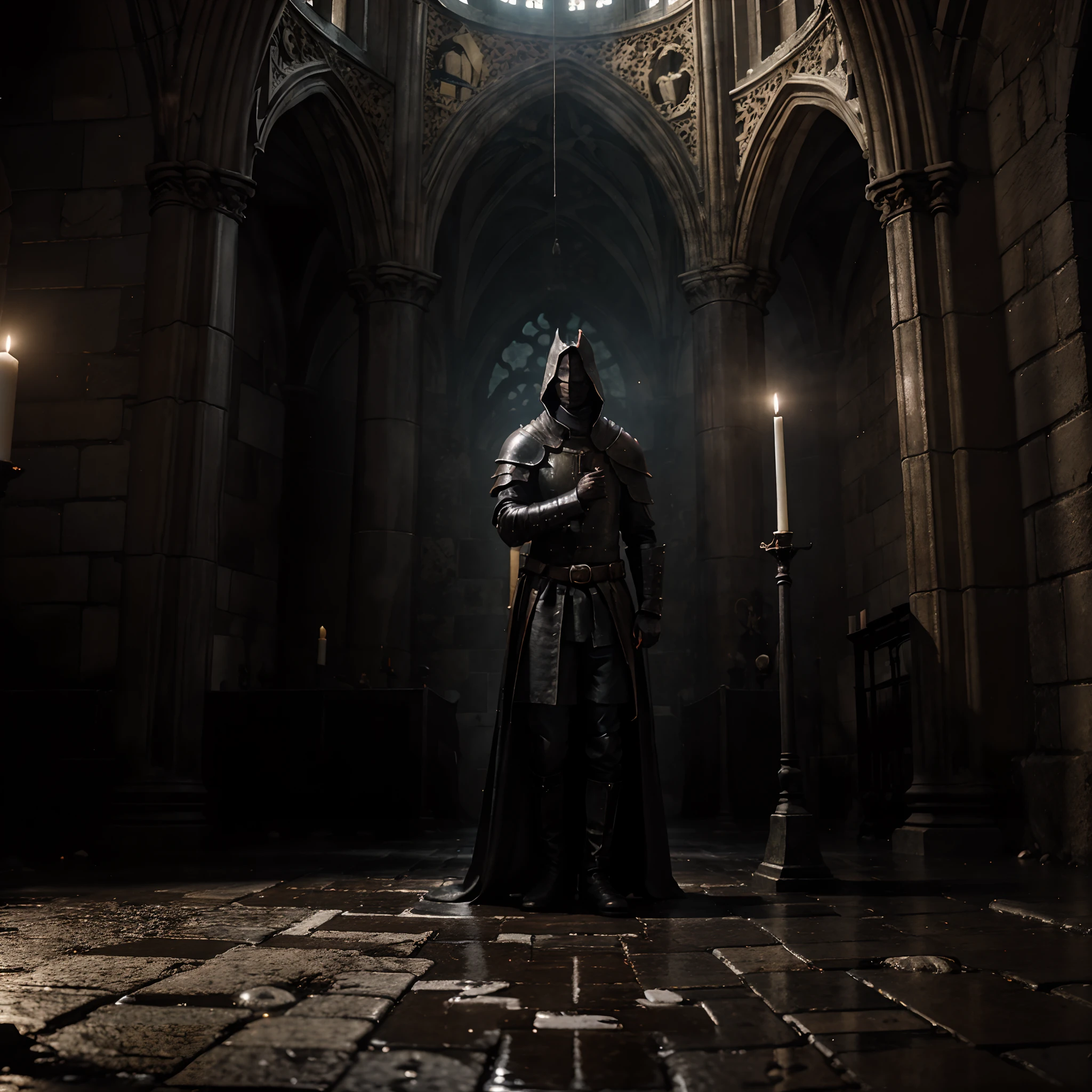 fisheye lens, portrait photo of medieval knight standing inside a gothic church, wet stone, puddles, infinite vaults, bloodborne, dramatic light, low key, candle light