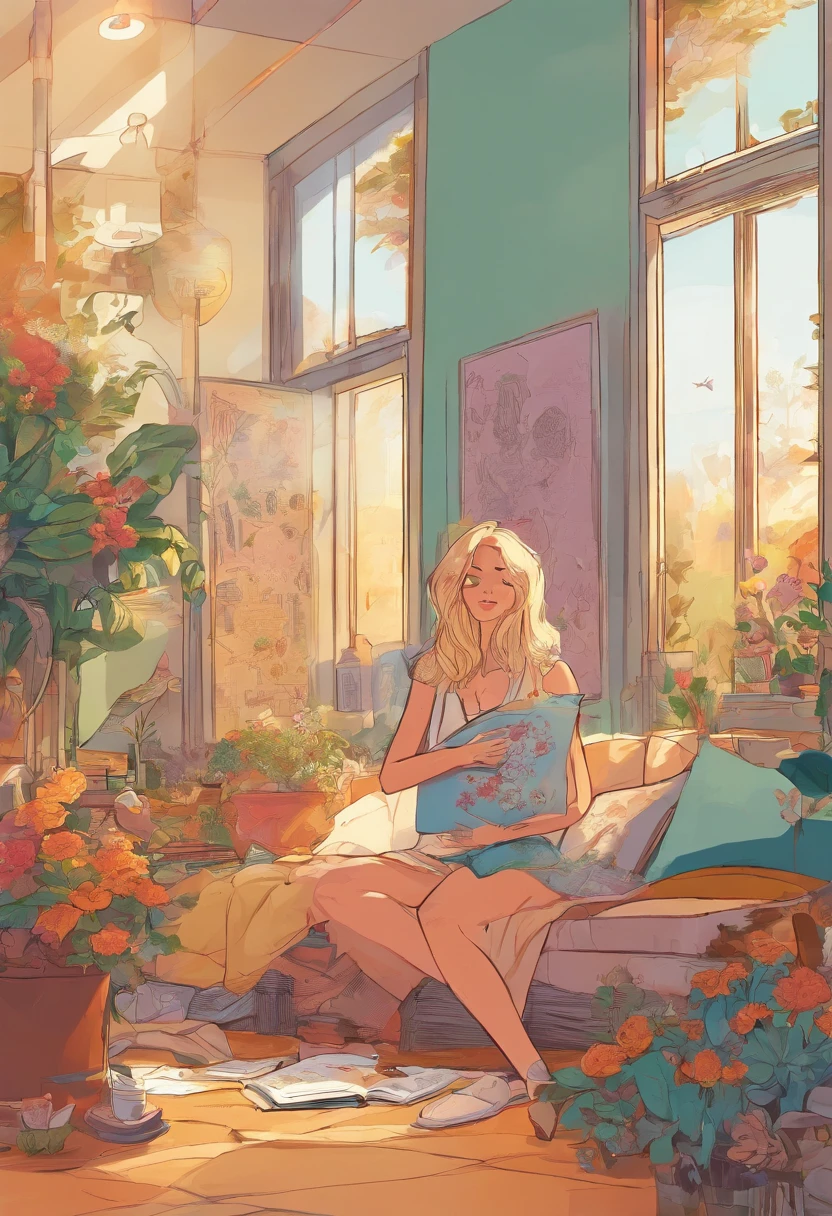 Soft morning light comes in through the window, Unraveling a room full of imagination, com desenhos de flores e estrelas. Mel is a girl with curious eyes and sun-colored hair, acorda com um som peculiar.