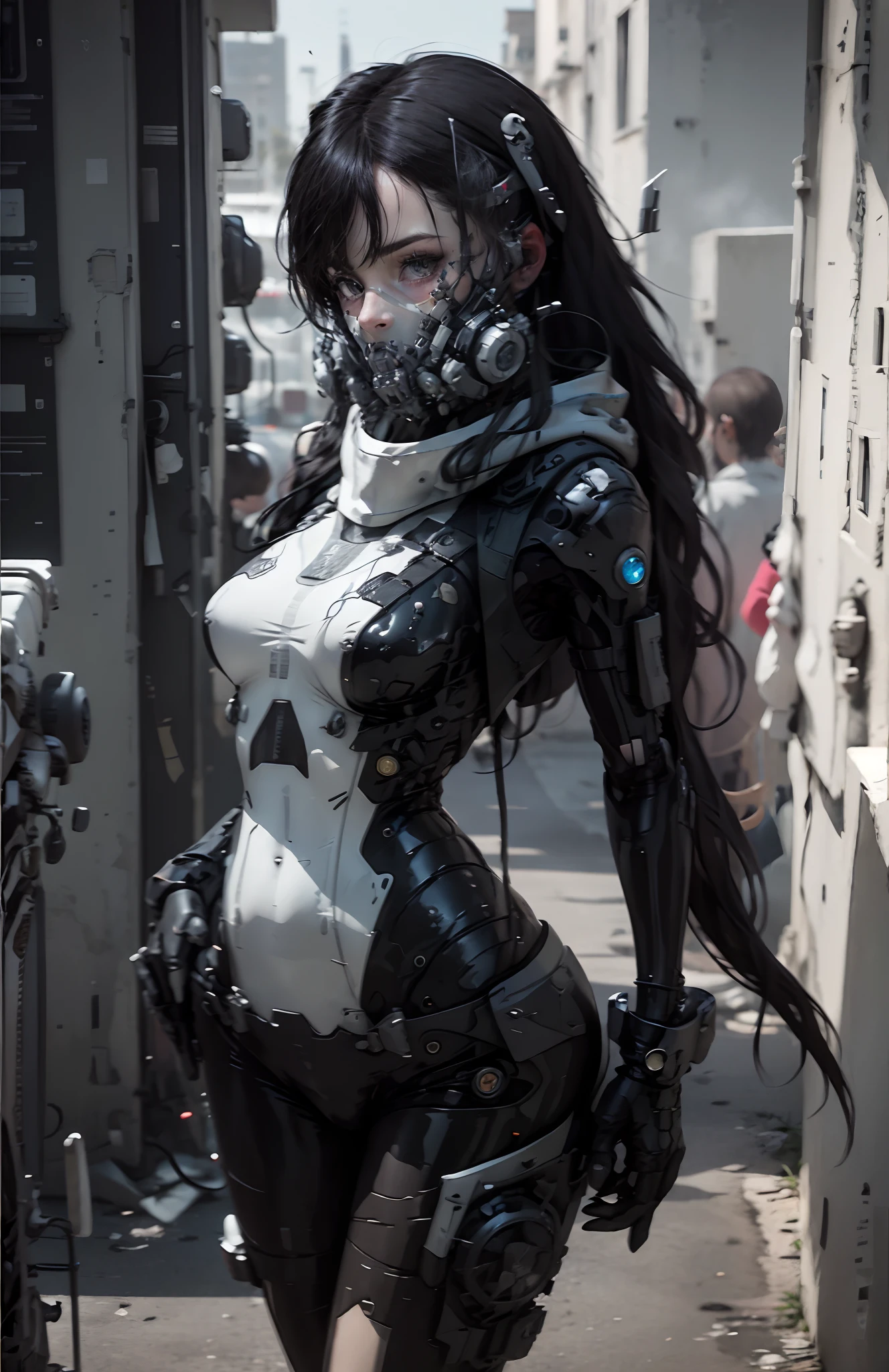 This is a hyper-detail、Ultra-high facial detail，High resolution and top quality CG Unity 8k wallpaper，Photorealistic, high resolution,  Solo, Hips up,The style is cyberpunk，Mainly black and red。In the picture, A tall beautiful girl appears，Long black hair，s delicate face，Wearing a steam mech，standing on ruins，The action of a woman holding a heavy sniper rifle in her hand