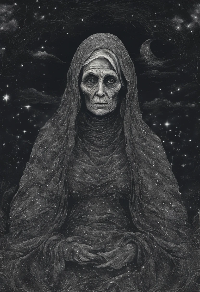 an old woman with dark brown hair and black dark eyes wearing a starry night dress