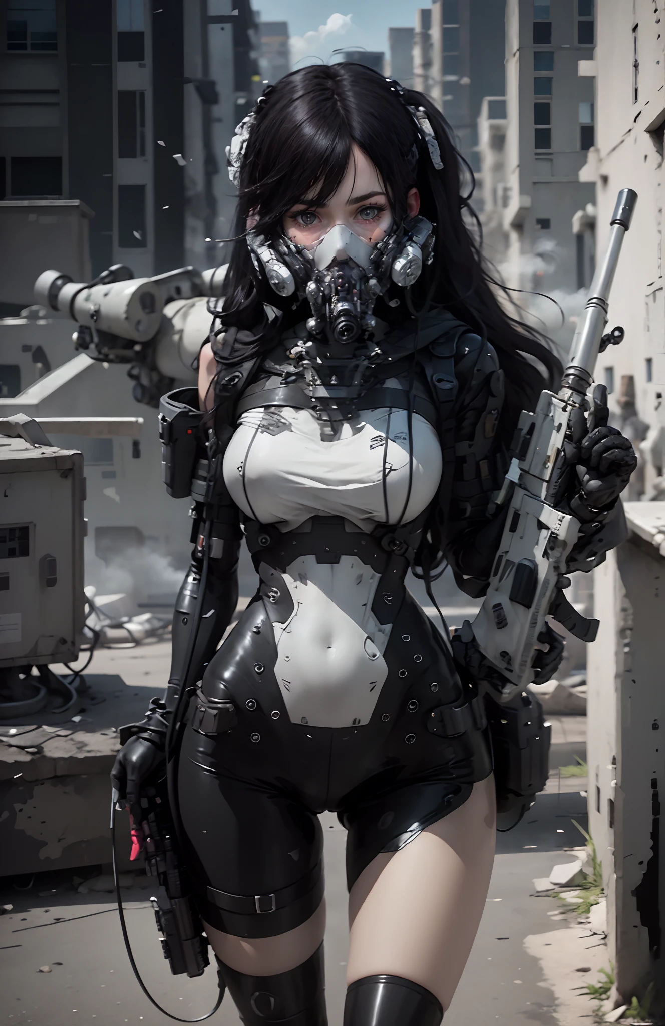 This is a hyper-detail、Ultra-high facial detail，High resolution and top quality CG Unity 8k wallpaper，Photorealistic, high resolution,  Solo, Hips up,The style is cyberpunk，Mainly black and red。In the picture, A tall beautiful girl appears，Long black hair，s delicate face，Wearing a steam mech，standing on ruins，The action of a woman holding a heavy sniper rifle in her hand