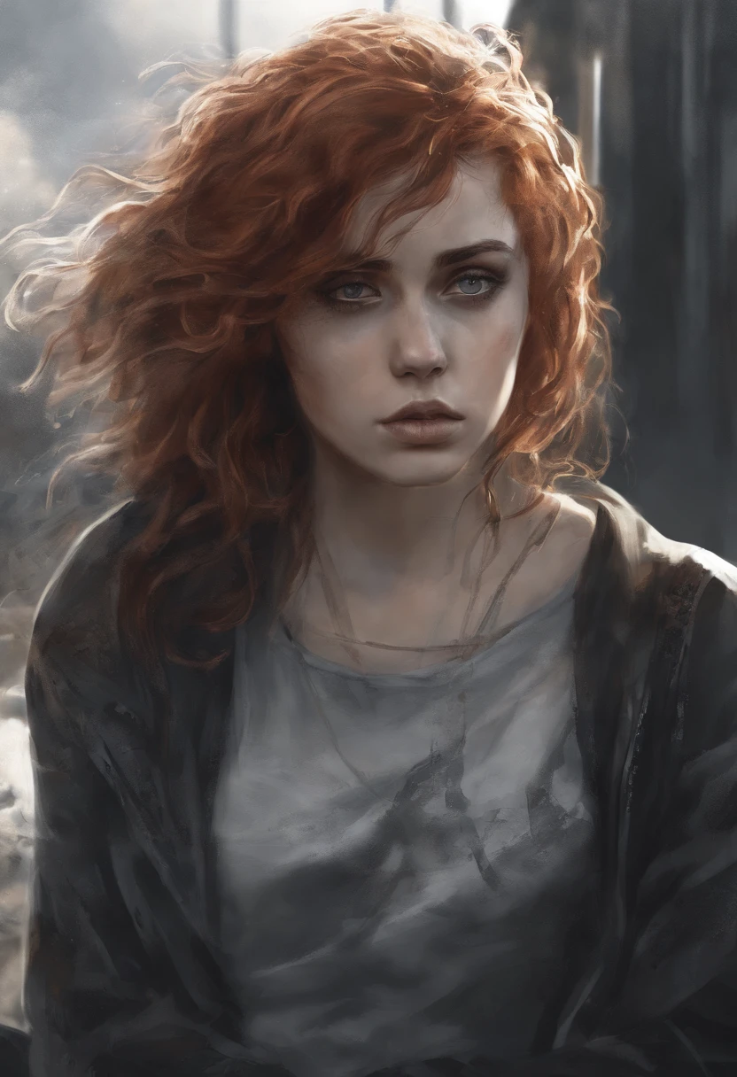 a poor girl . behind her rome is burning. with her eyes you can see the flames., red hair, messy hair, wavy hair, dilated pupils, wide-eyed, earrings, shy, scared, sad, depressed, worried, high detail, motion blur, blurry, reflection light, pov, Social realism, Gothic art, Realism, Impressionism, 4K