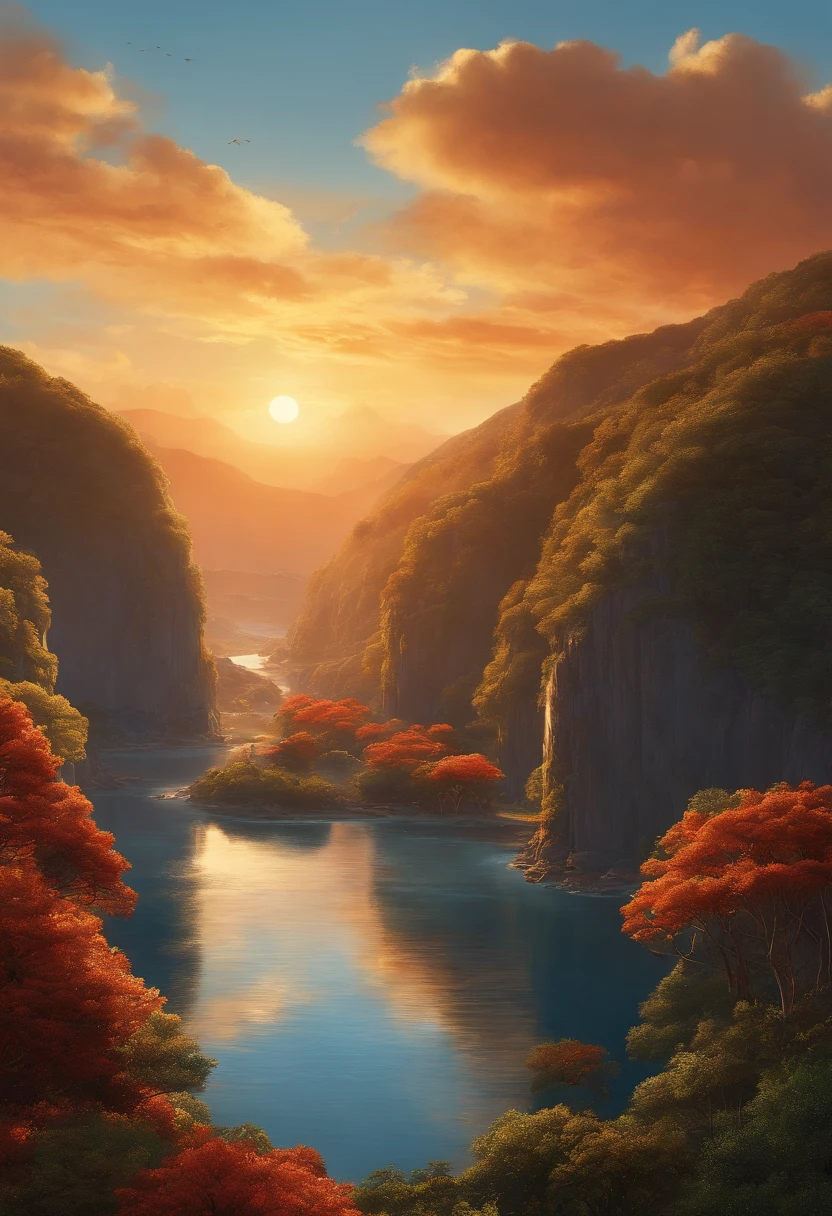 master part, best quality, cinematic Film still from, Grandes nuvens de fogo, Flutue do meio do quadro para os lados, Close-up, brilhante, alegria, warm and gentle lighting, Estilo Ghibli, Anime peito grande, livro ilustrado, Sunset, Don't be human, Tela paisagem