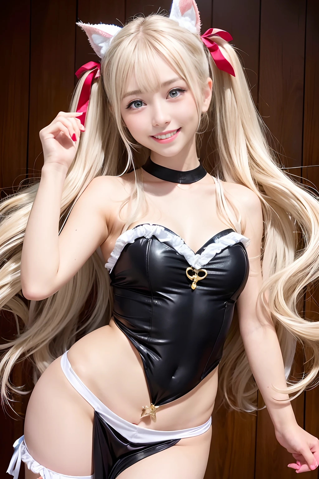 one girls、long twintail, Show white teeth and smile, Goldhead Hair, light blue eyes、big red ribbon、Big、belly dancer、dance