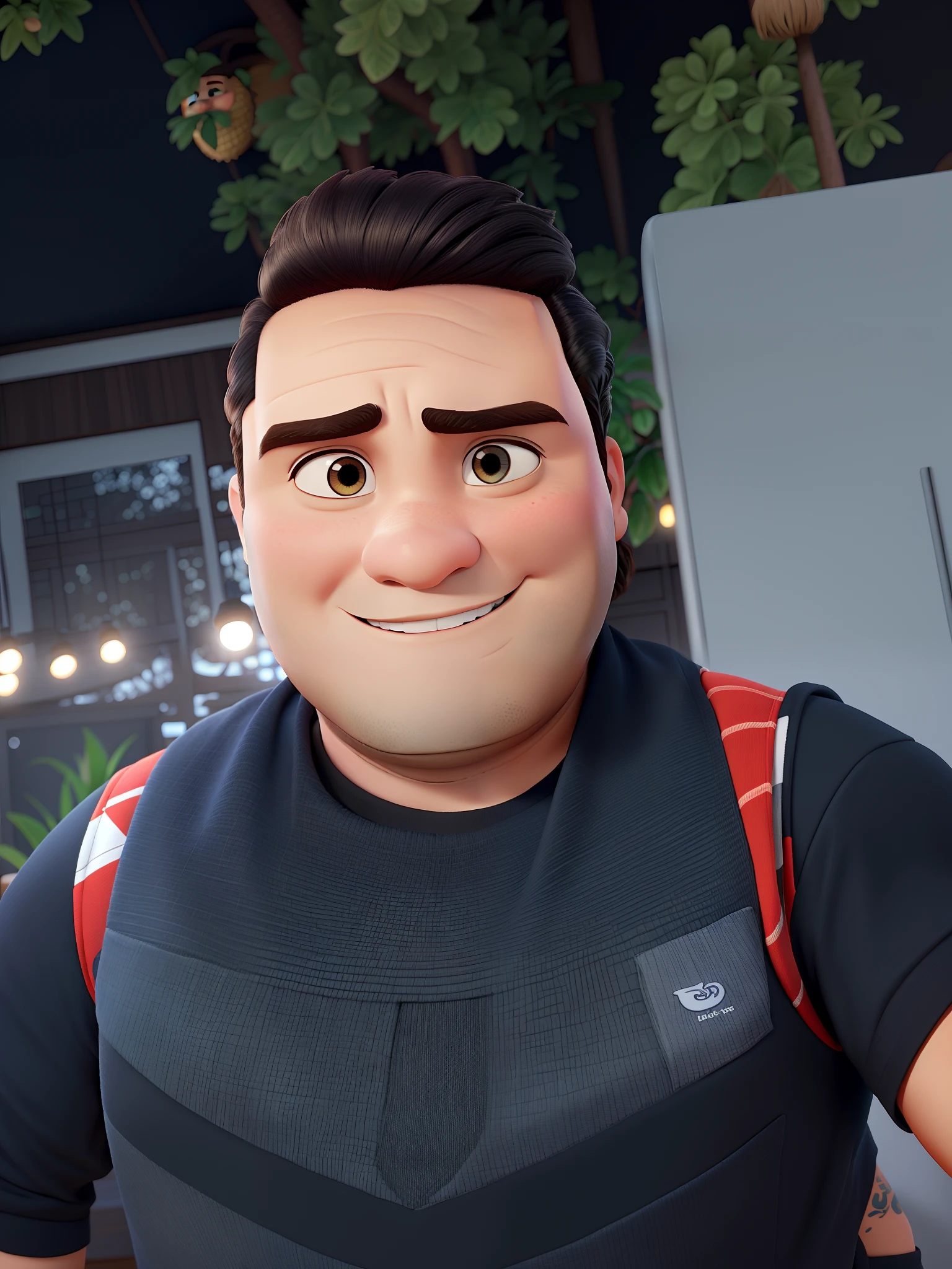 Um homem estilo Disney pixar, chubby, cabelo preto, olhos pretos