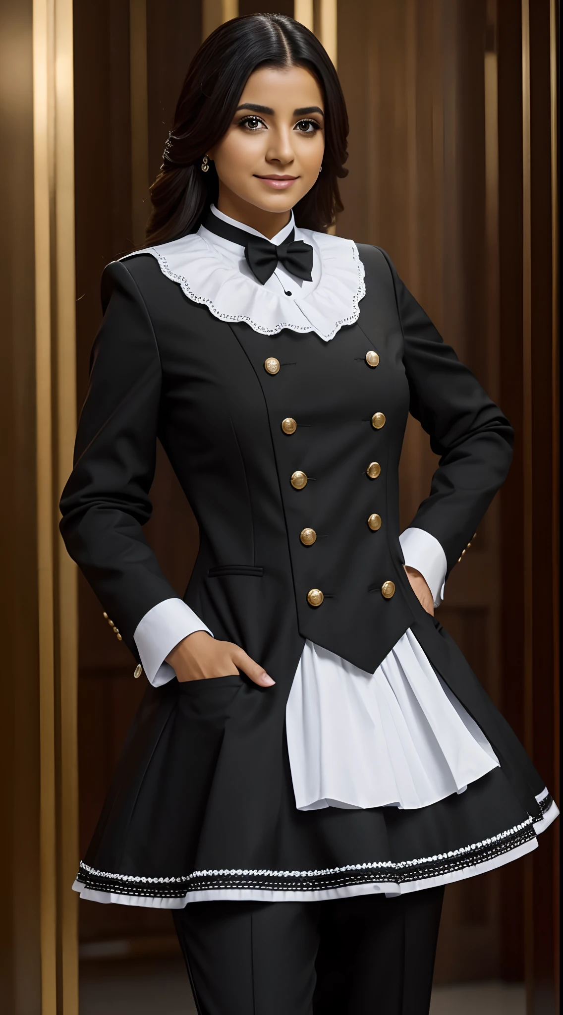 chica con traje de negro calidad 8k detallado sin errores