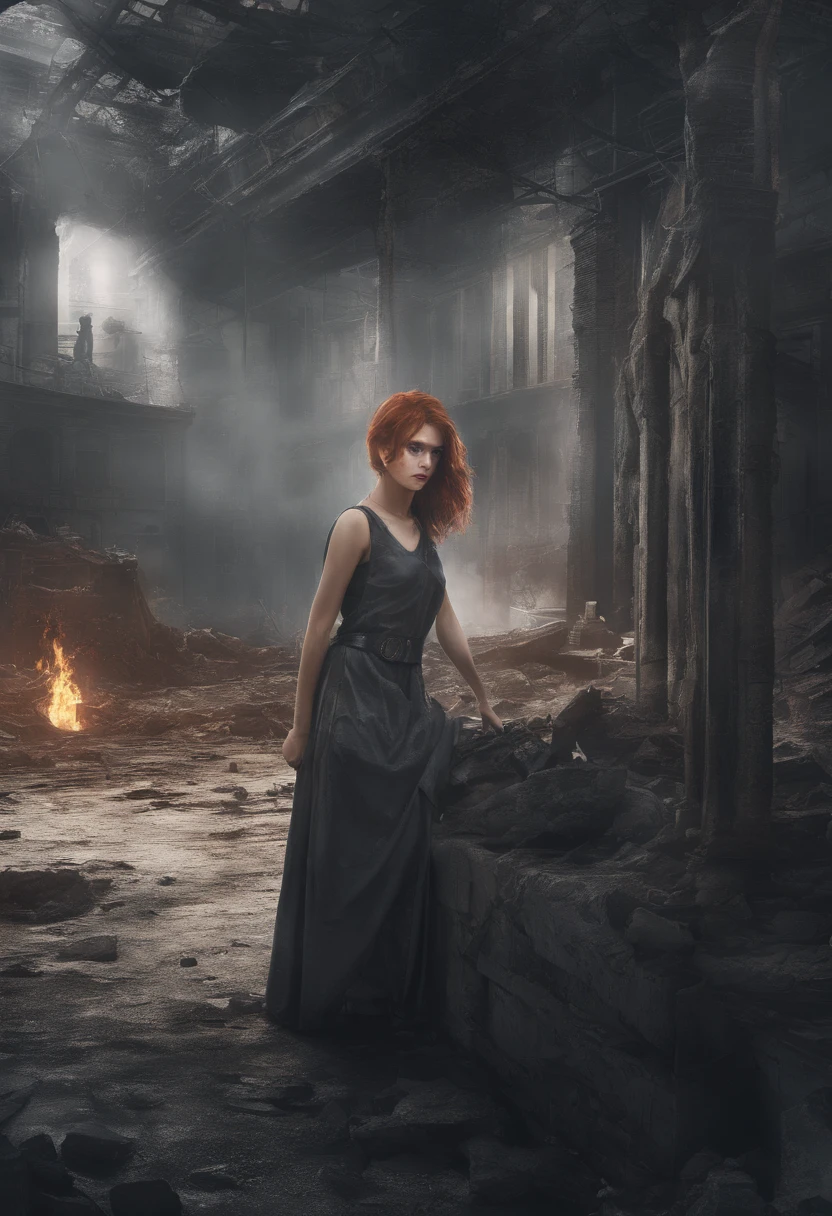 a poor girl 15 years old. behind her rome is burning. with her eyes you can see the flames., red hair, messy hair, wavy hair, dilated pupils, wide-eyed, earrings, shy, scared, sad, depressed, worried, high detail, motion blur, blurry, reflection light, Social realism, Gothic art, Realism, Impressionism, multiple views, Eye-Level Shot, 4K
