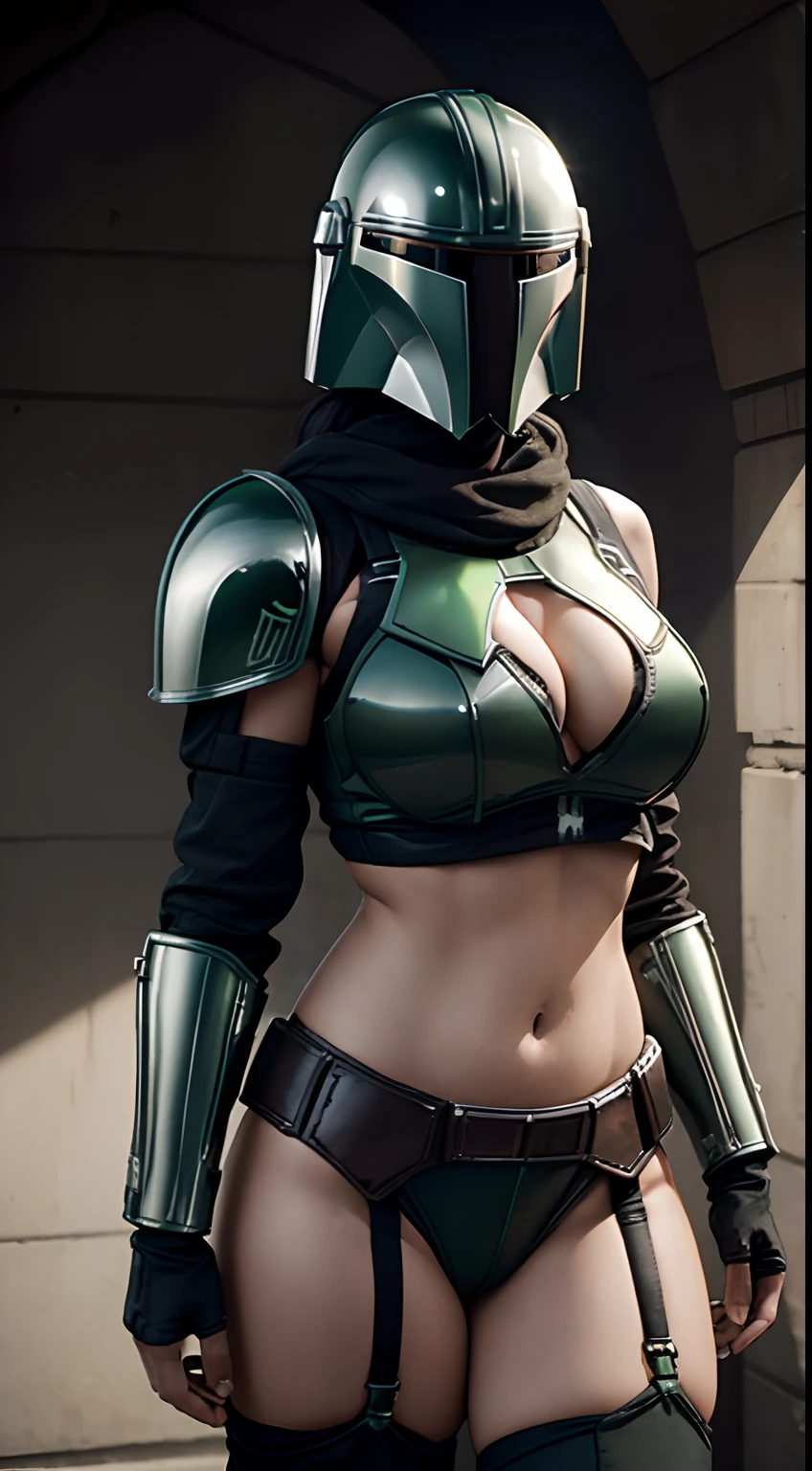 (Female Mandalorian), (((Crop top))), ((big tits)), (Green and black chrome armor), full body armour,sultry, helmet, cleavage, roond boobs cleavage, cutout top, thong, garter straps, 8k, masterpiece, dynamic lighting