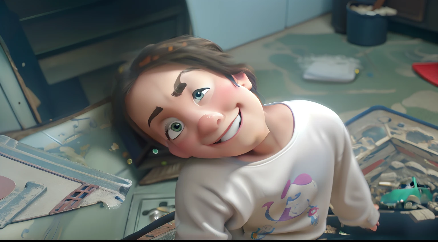 A Disney Pixar-inspired movie poster. with a girl with fair skin, long straight black hair, smiling. The scene takes place among many dolls and should follow Pixar's distinctive digital art style, focusing on the characters' expressions, vibrant colors and detailed textures characteristic of the animations.
