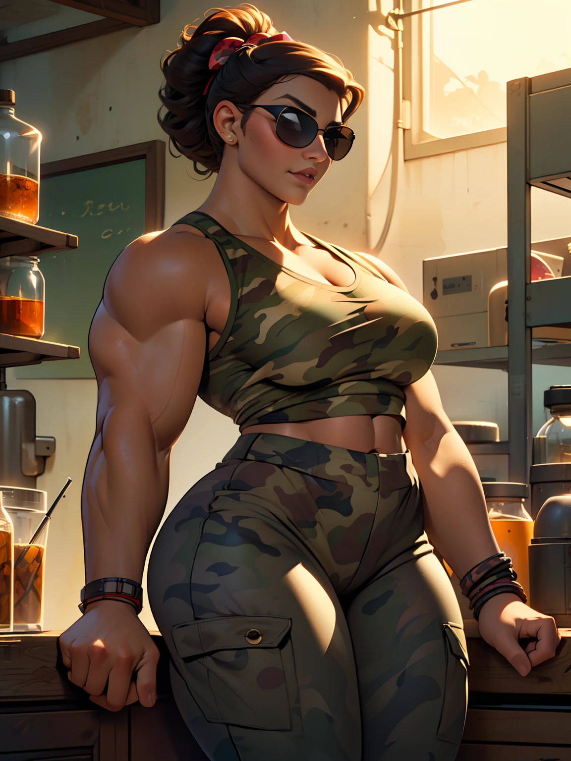 (((Luisa Madrigal from Disney's Enchanto))), ((wearing a black sunglasses)), perfect hands, smooth face, ((wide shoulder)), perfect legs, perfect skin, curvy body, toned skin, ((wearing a tanktop)), inside a laboratory, (((wearing a camo pants))), perfect thighs, (((muscular woman))),