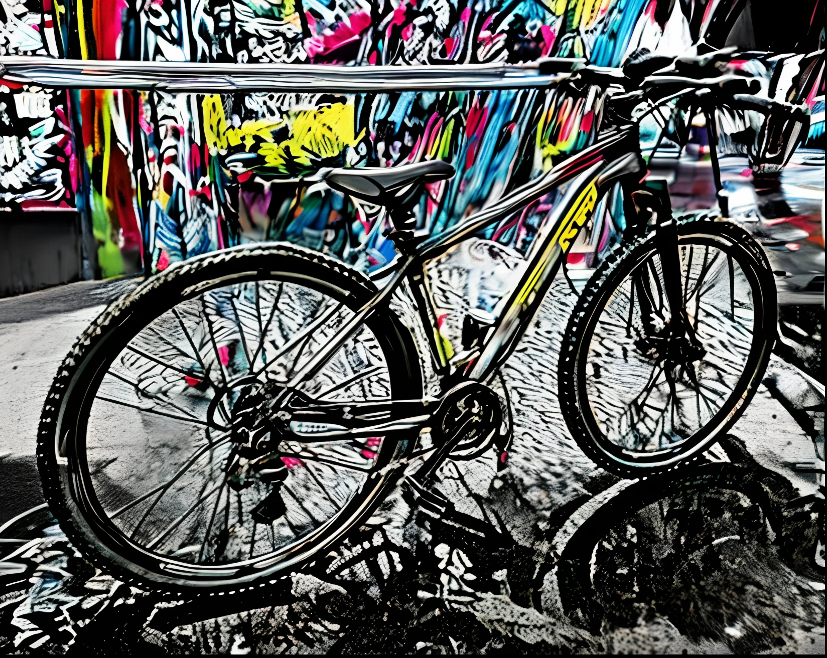 Bicicleta PRETO BRILHANTE cor ,preto muito brilhante,fundo DA IMAGEM multi colorido estilo Eduardo kobra,grafitti ,anime,cartoon,512k ULTRA REALIS EM 4D,detalhes piso florido.