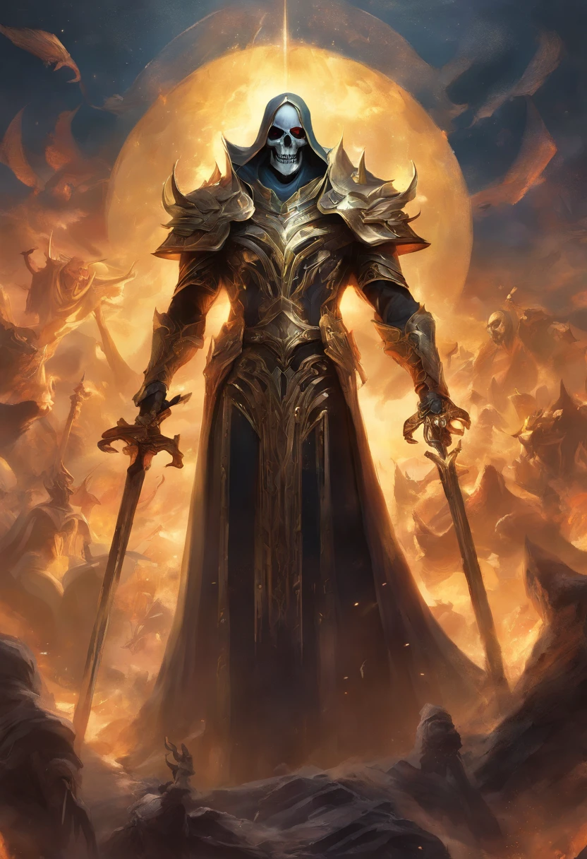 Ainz Ooal Gown, the supreme ruler of the Great Tomb of Nazarick, holding his sceptre of domination high in the air as he stands atop a pile of skulls.