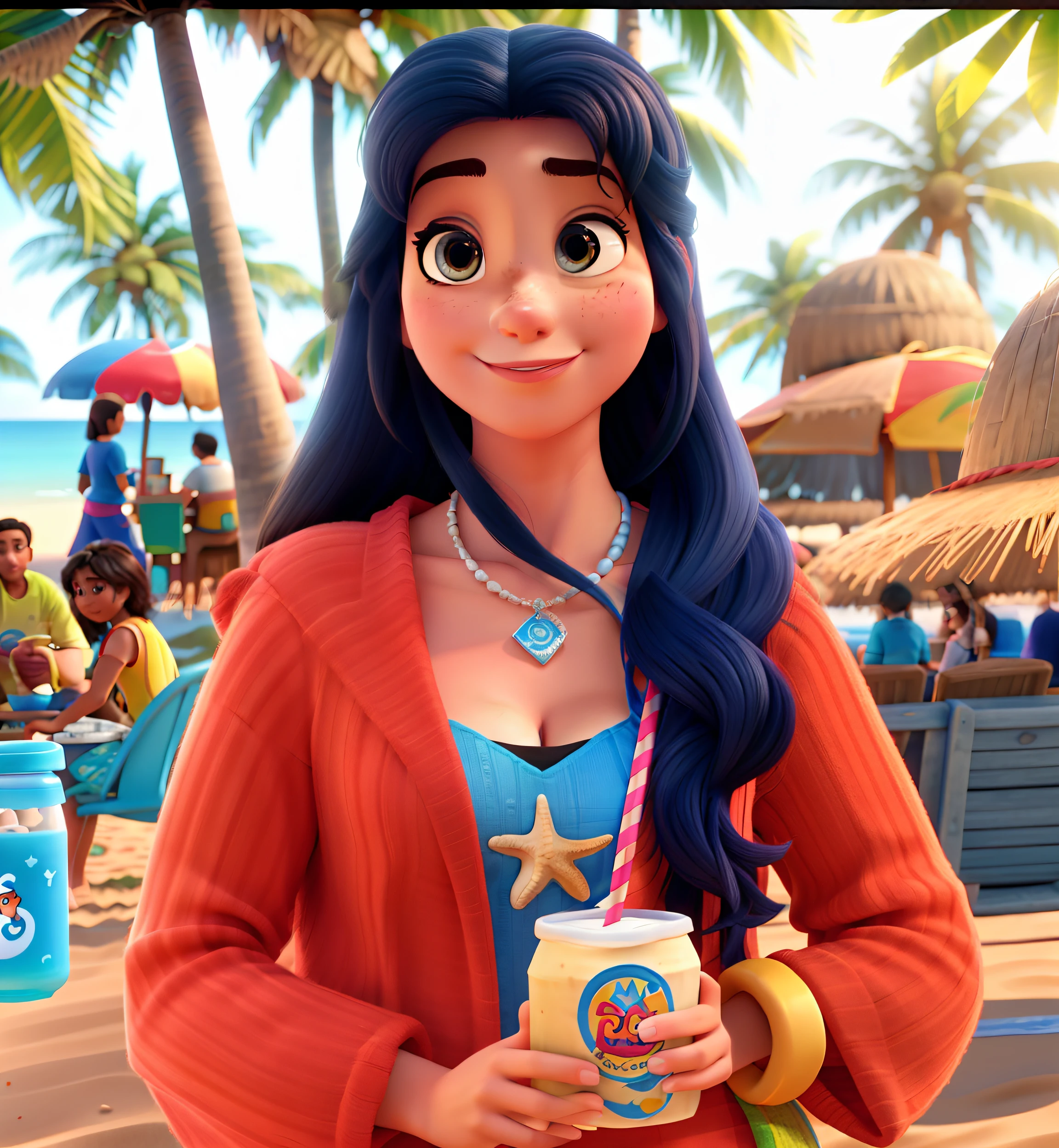 Movie Cover A Woman On The Beach Drinking Coconut Water Disney Pixar Style, alta qualidade, melhor qualidade,
