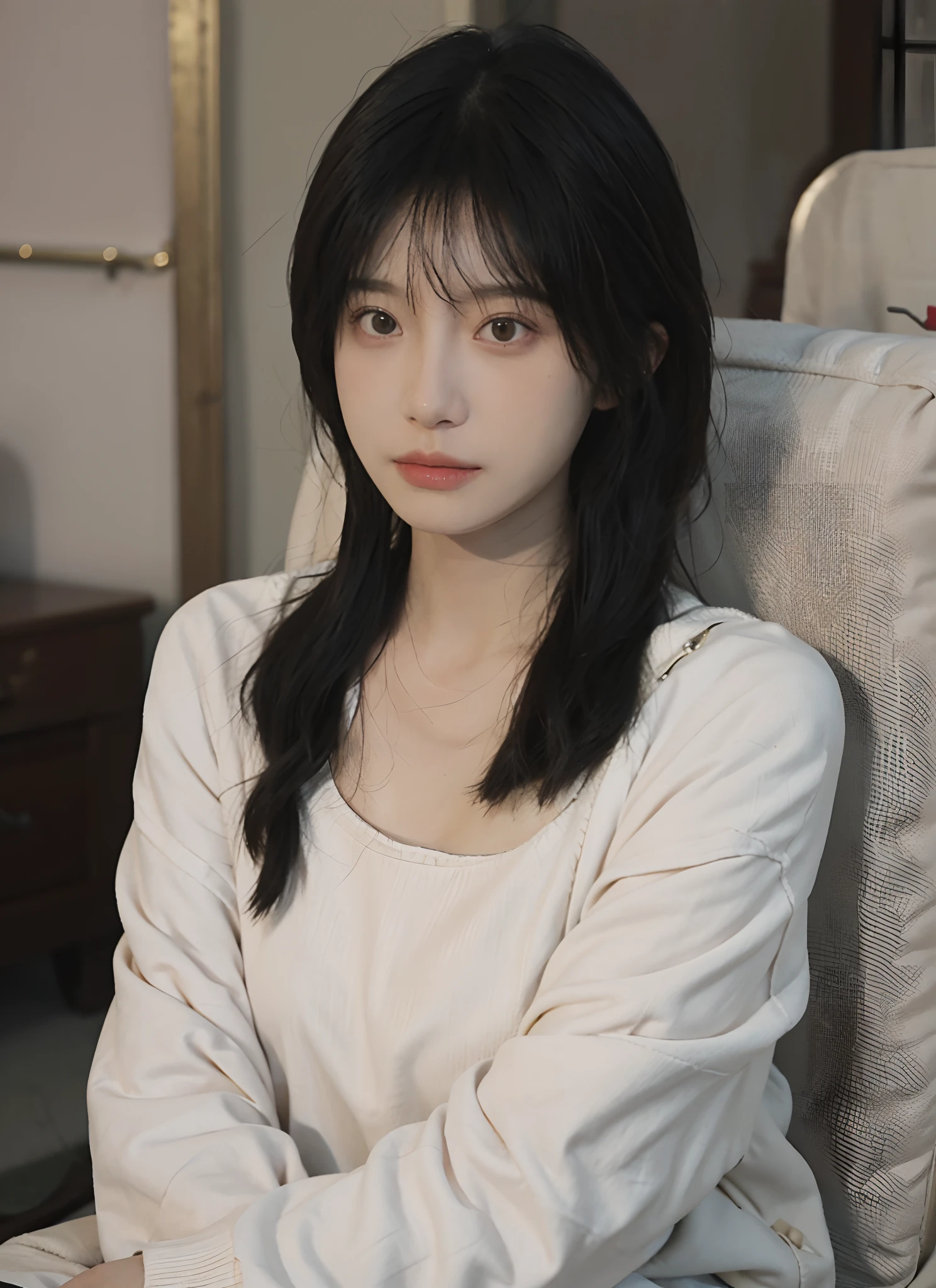 best qualtiy, 超高分辨率, (realisticlying:1.4), one-girl,Pink Long Hair, plain face,A pair of clear and moving eyes,Royal Sister,Beige sweater, looking at viewert, closeup cleavage ,