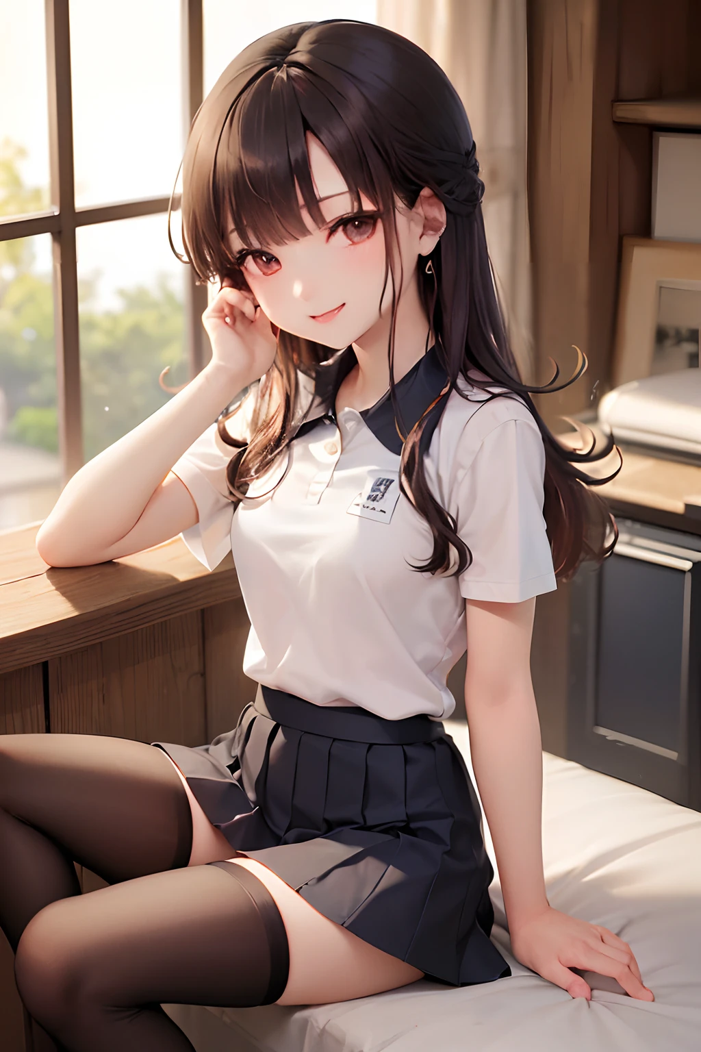 (masterpiece、top-quality:1.2)、Cowboy Shots、独奏、 1 人、Alena \(DQ4\)、A smile、looking at viewert、((White polo shirt))、((a miniskirt))、((Blurred eyes))、((Black underwear))、Dark bedroom、on the beds、 ((thigh-high socks))、((pleatedskirt))、((Sheer))