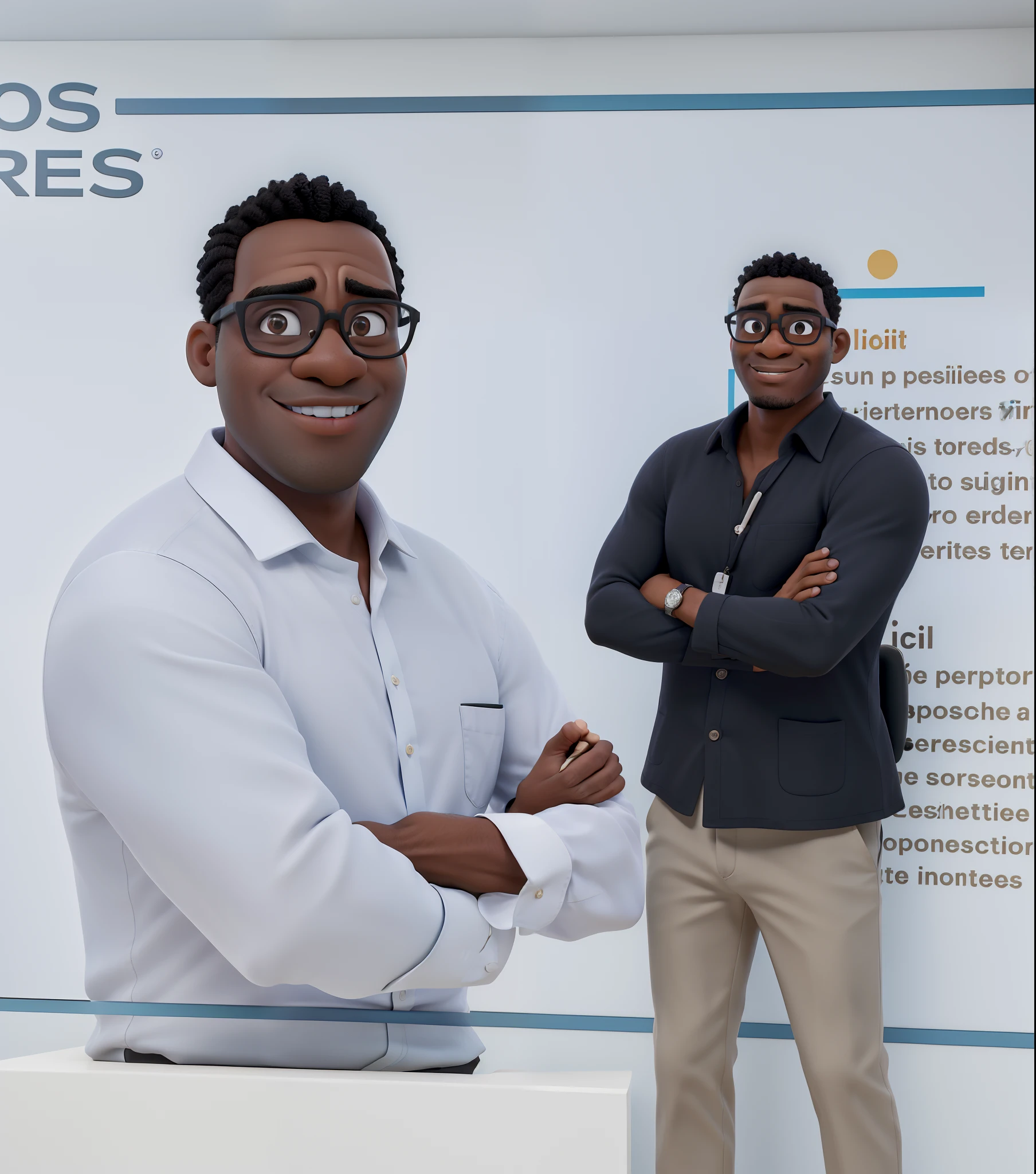 Obra-prima, de melhor qualidade, um homem negro de cabelo bem curto, usando oculos, com camisa e calca social, em sala de reuniao de empresa de petroleo.